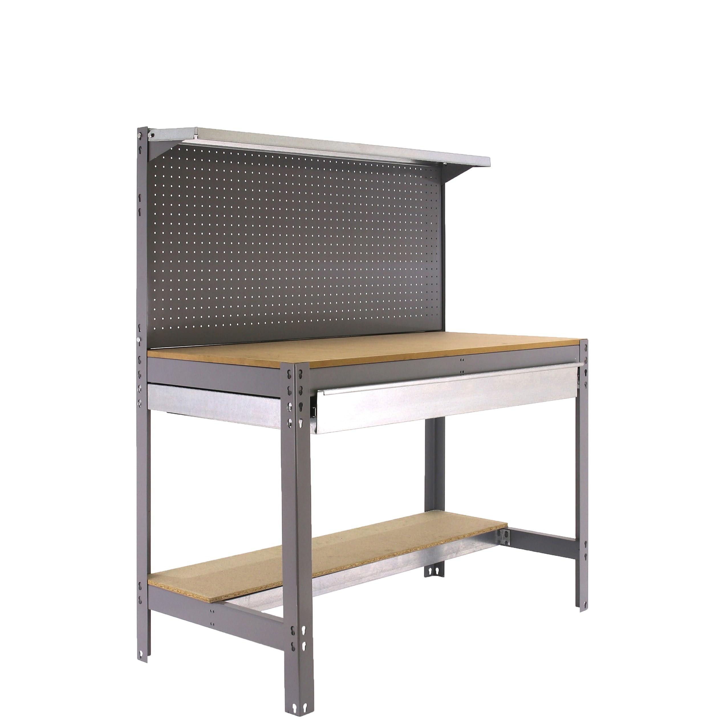 SimonRack Etabli d’Atelier, Capacité de Charge 600 kg, 1445x1210x610 mm, Panneau Perforé avec 1 Étagère, Étagère Tiroir de Rangement, Table de Travail Bricolage, Gris/Bois - BT3