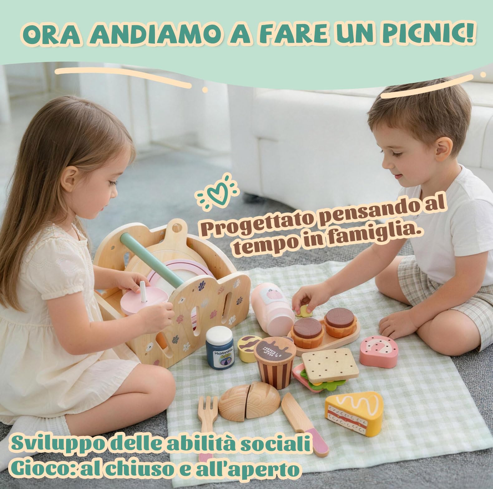 Set da picnic per bambini con servizio da tè per bambini, giocattolo da dessert – giocattolo in legno e da giardino per bambini e ragazze