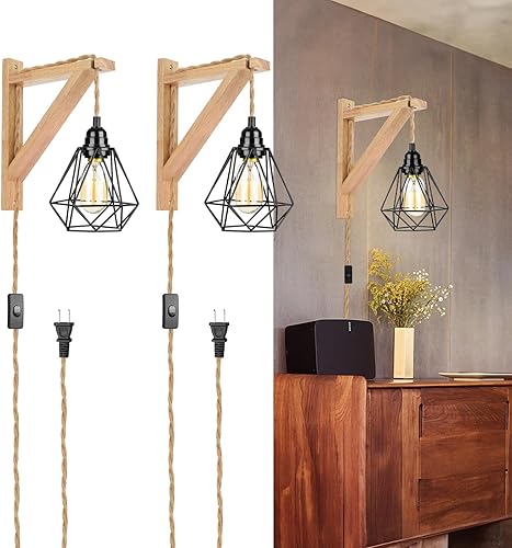 Miniatura 10 de Frideko - Lámpara de pared con cable enchufable, apliques de pared enchufables, lámparas colgantes de granja que se conectan a la toma de pared,