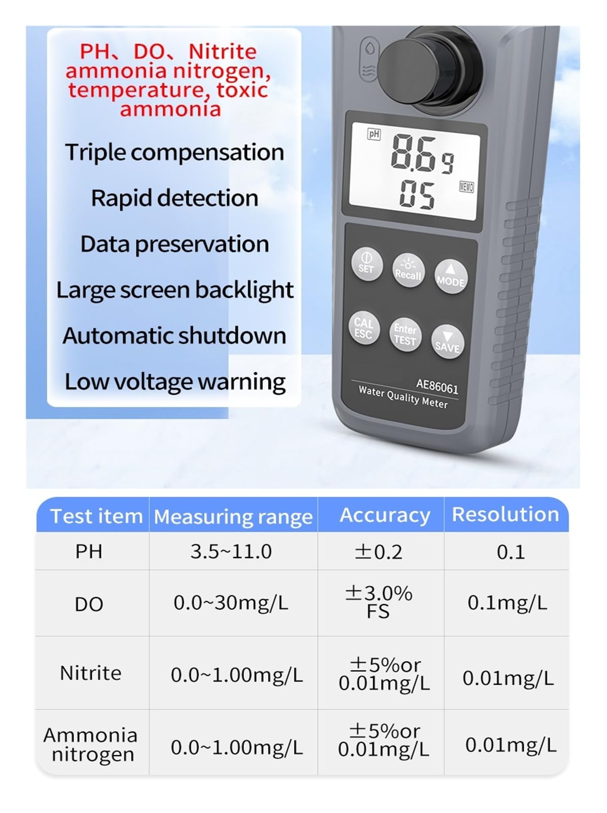 AE86061 Analyseur numérique de qualité de l'eau de laboratoire avec écran rétroéclairé | Mesure de la température, du pH, des nitrites, de l'ammoniaque et de l'azote (écran LCD) pour laboratoire/pisc