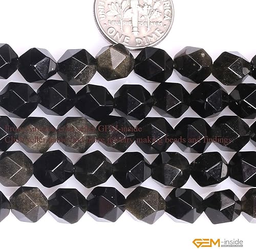 Miniatura 2 de GEM-Inside - Cuentas de obsidiana de oro natural de 0.315 in, semipreciosas redondas facetadas para hacer joyas de 15 pulgadas