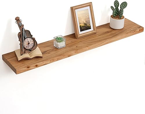 Miniatura 22 de Estantes flotantes para decoración de pared, estantes flotantes rústicos de madera maciza de olmo con borde vivo, estantes de pared con soporte