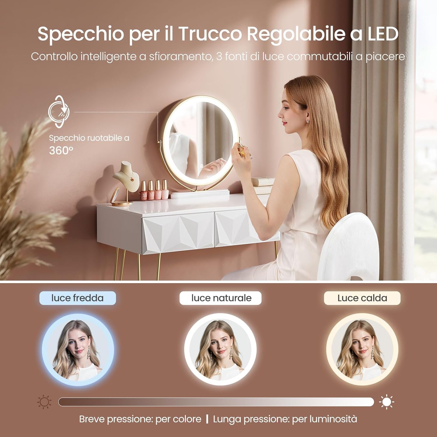 EUGAD Toeletta da Trucco con Luci LED, Luminosità Regolabile, Postazione da Trucco con Sedia in Velluto, con 3 Cassetti, Assemblaggio facile, Bianco e Dorato
