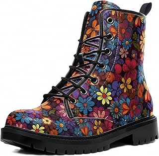 Women Printed Ankle Boots with Flower Dragon Graffiti Pattern Cookie Stylish Floral Platform Lace-up Leather Combat Booties Casual Everyday Party Halloween Christmas