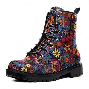 Women Printed Ankle Boots with Flower Dragon Graffiti Pattern Cookie Stylish Floral Platform Lace-up Leather Combat Booties Casual