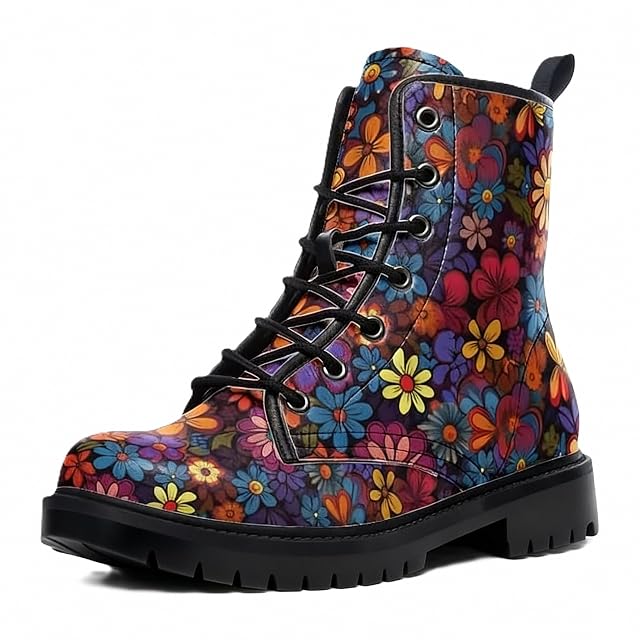 Women Printed Ankle Boots with Flower Dragon Graffiti Pattern Cookie Stylish Floral Platform Lace-up Leather Combat Booties Casual