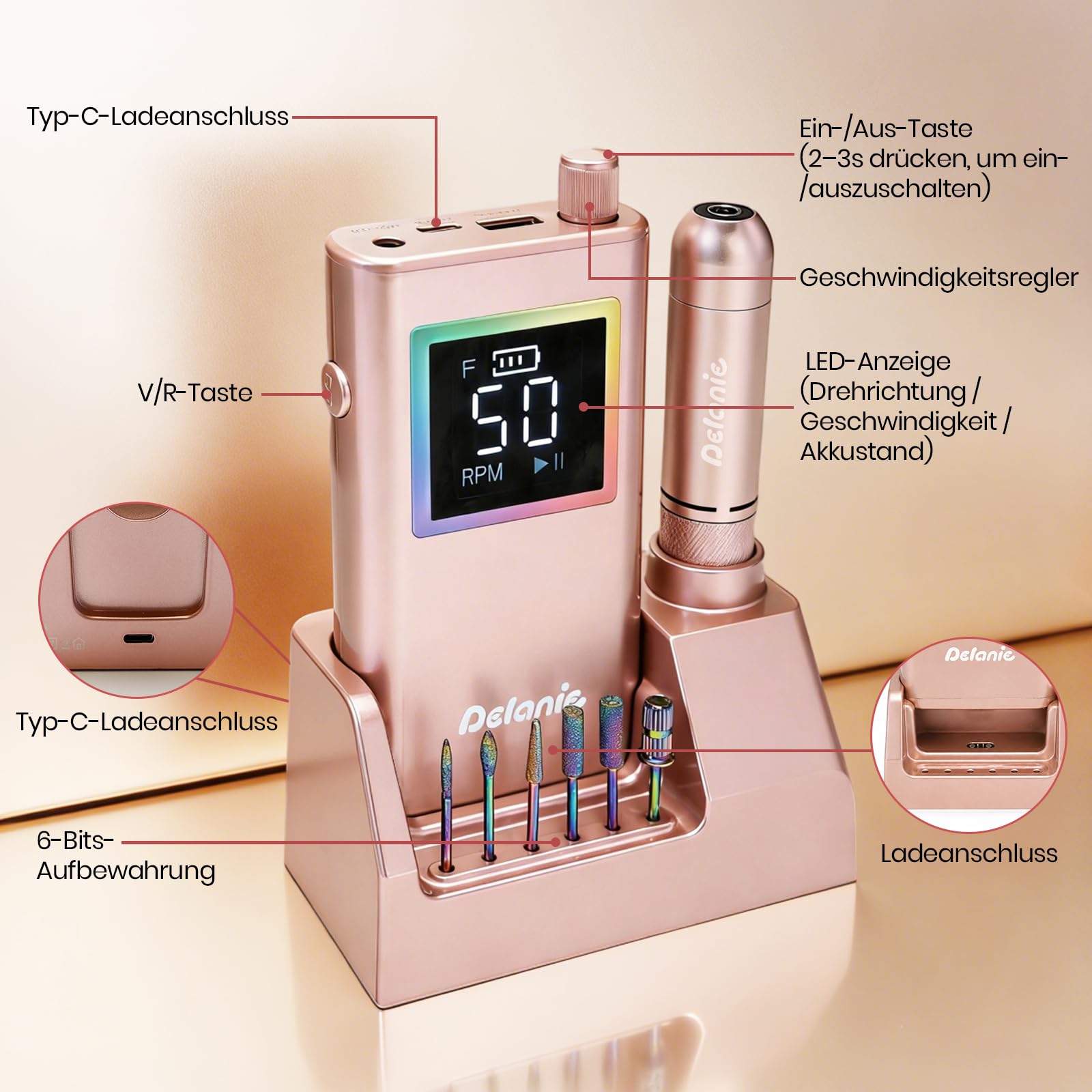 Delanie elektrischer Nagelfräser professionell 50000 U/Min mit Ladestaion, Maniküre Fräser für Nägel & Acrylnägel, tragbarer Nagel Fräser für Gelnägel für Anfänger Zuhause & Salon Profis +12 Nagelbits