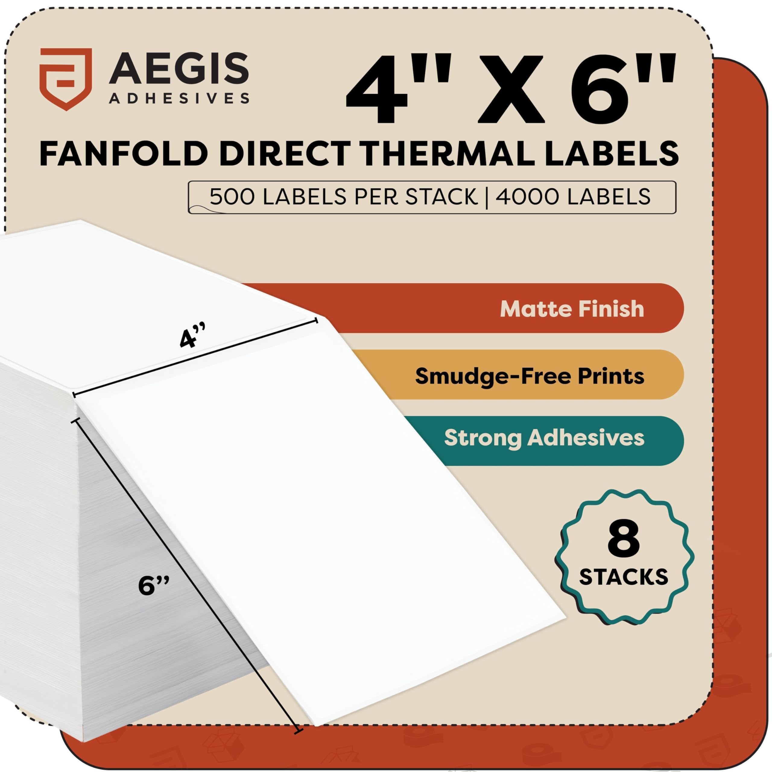 Aegis Adhesives – Étiquettes thermiques directes pliées en éventail de 10,2 x 15,2 cm (4 000 pièces, 8 empiles) – Étiquettes d'expédition imprimables pour expédition postale, identification de colis