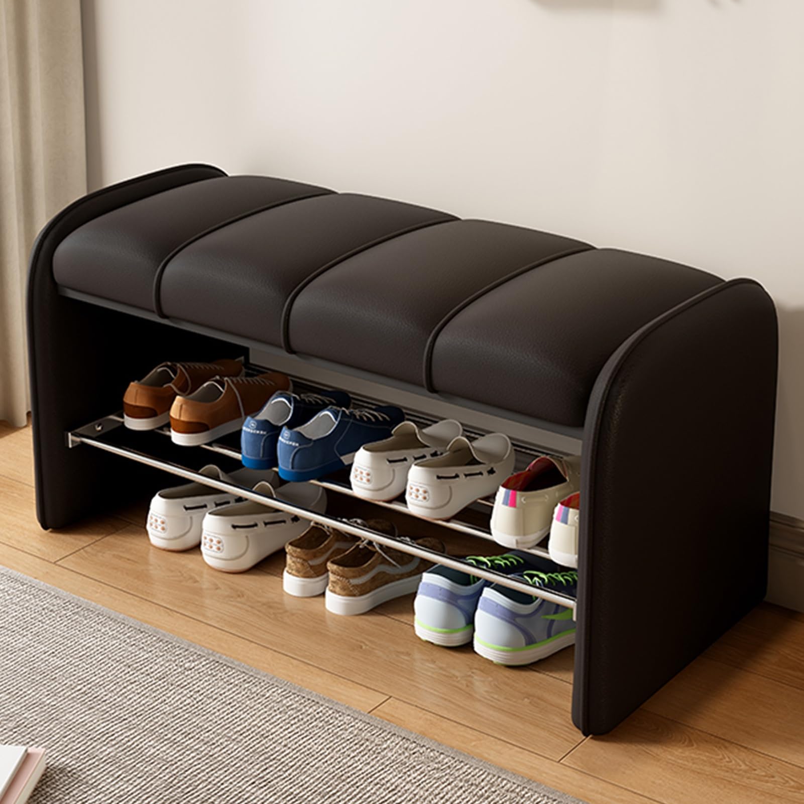 Banc à chaussures noir de 80 cm avec rangement intégré pour l'entrée