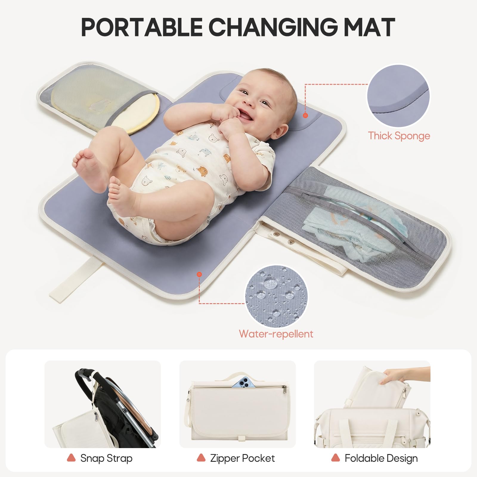RAINSMORE Borsa Cambio Neonato con Fasciatoio per Passeggino Impermeabile | Borsa Fasciatoio Neonato Bambini per Mamma Papà Grande Capacità Multifunzionale con Tasca Termica Borsa per Ciuccio Bianco