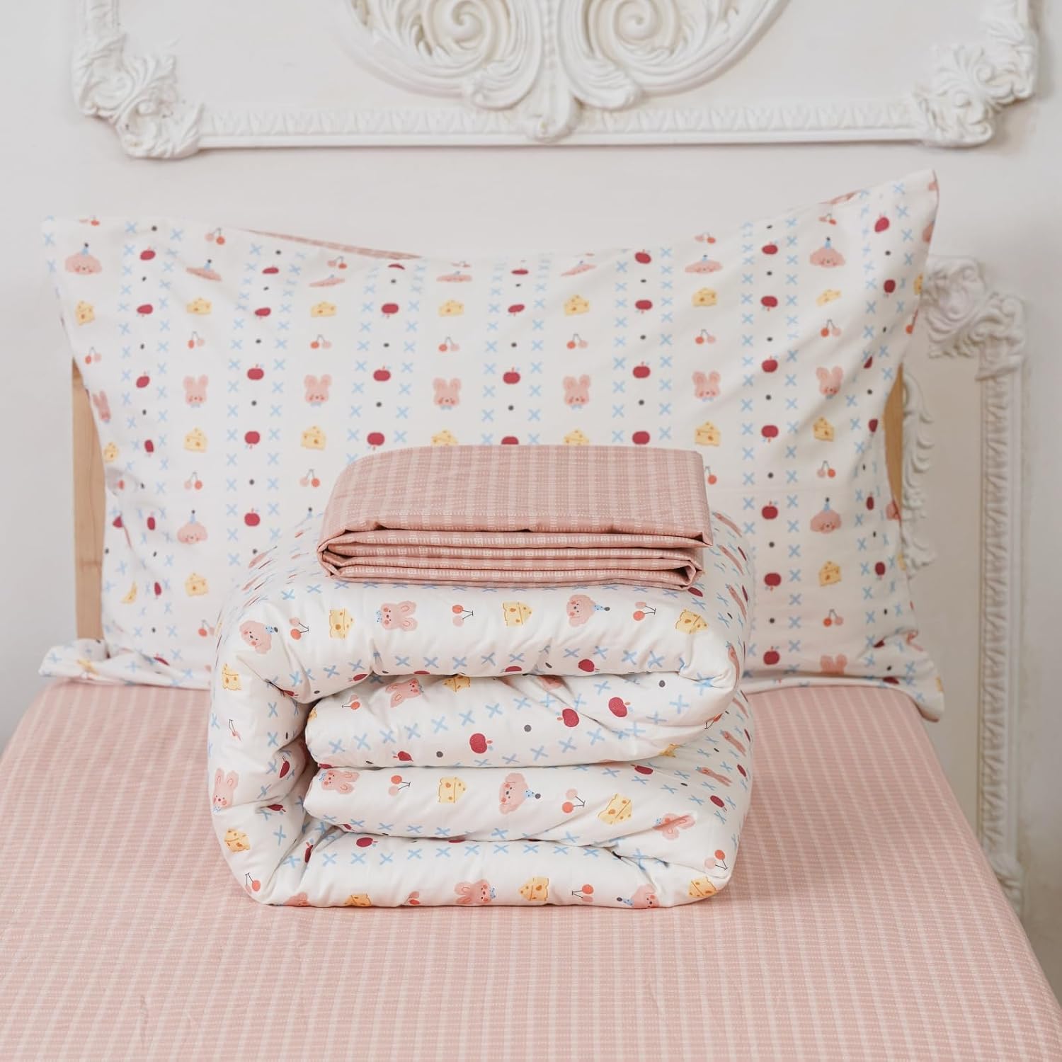 Wellboo 4Pieces Cotton Toddler Bedding Set for Kids Boys Girls Pink Rabbit 100% Cotton Toddler Bedding Cherries and Cake Soft Crib Comforter Includes Flat Sheet, Fitted Sheet and Pillowcase