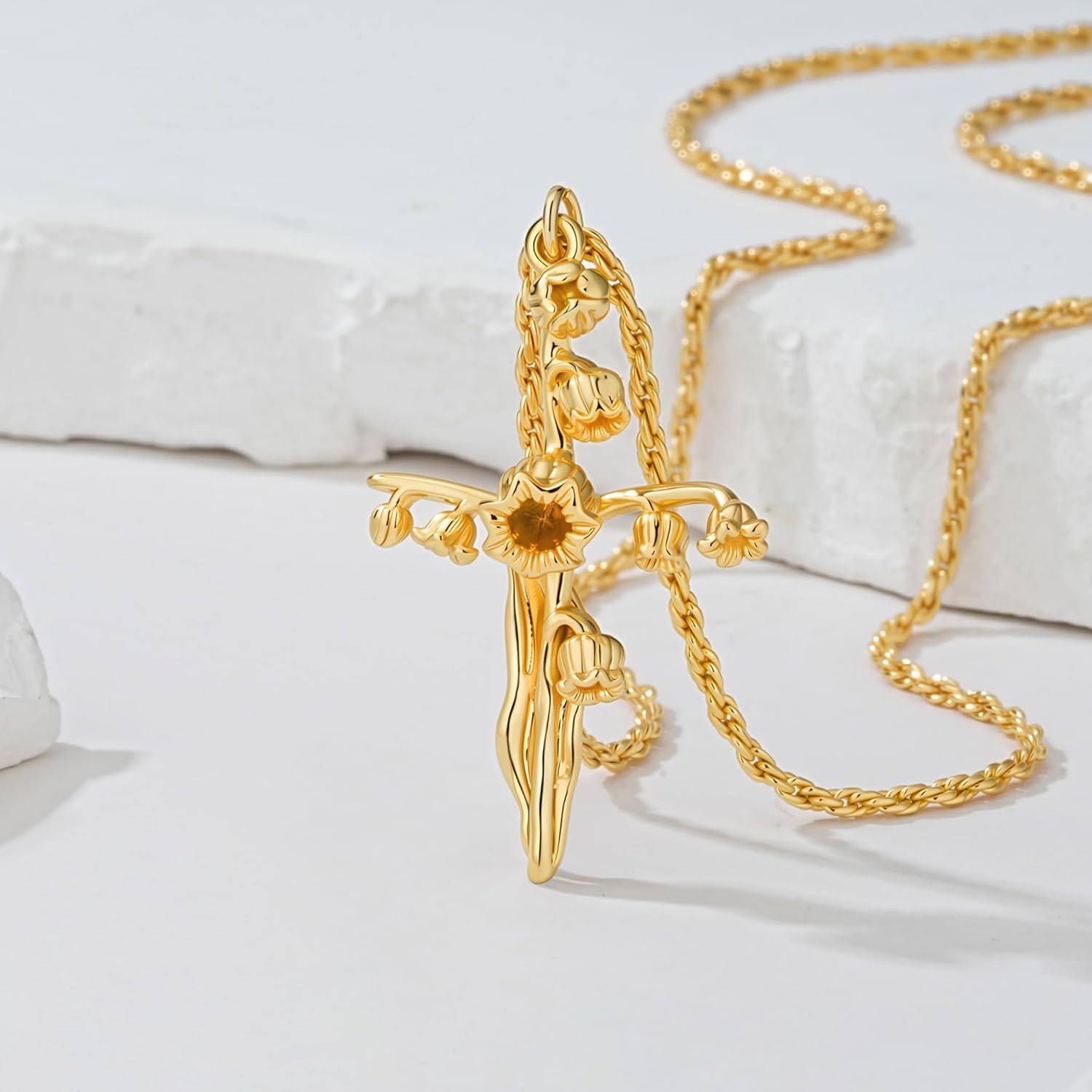 Cross Necklace for Women 14K Gold Plated Birth Flower Necklaces Rope Cross Pendant Fashion Gold Jewelry Birthday Gifts 12 Month - Image 4