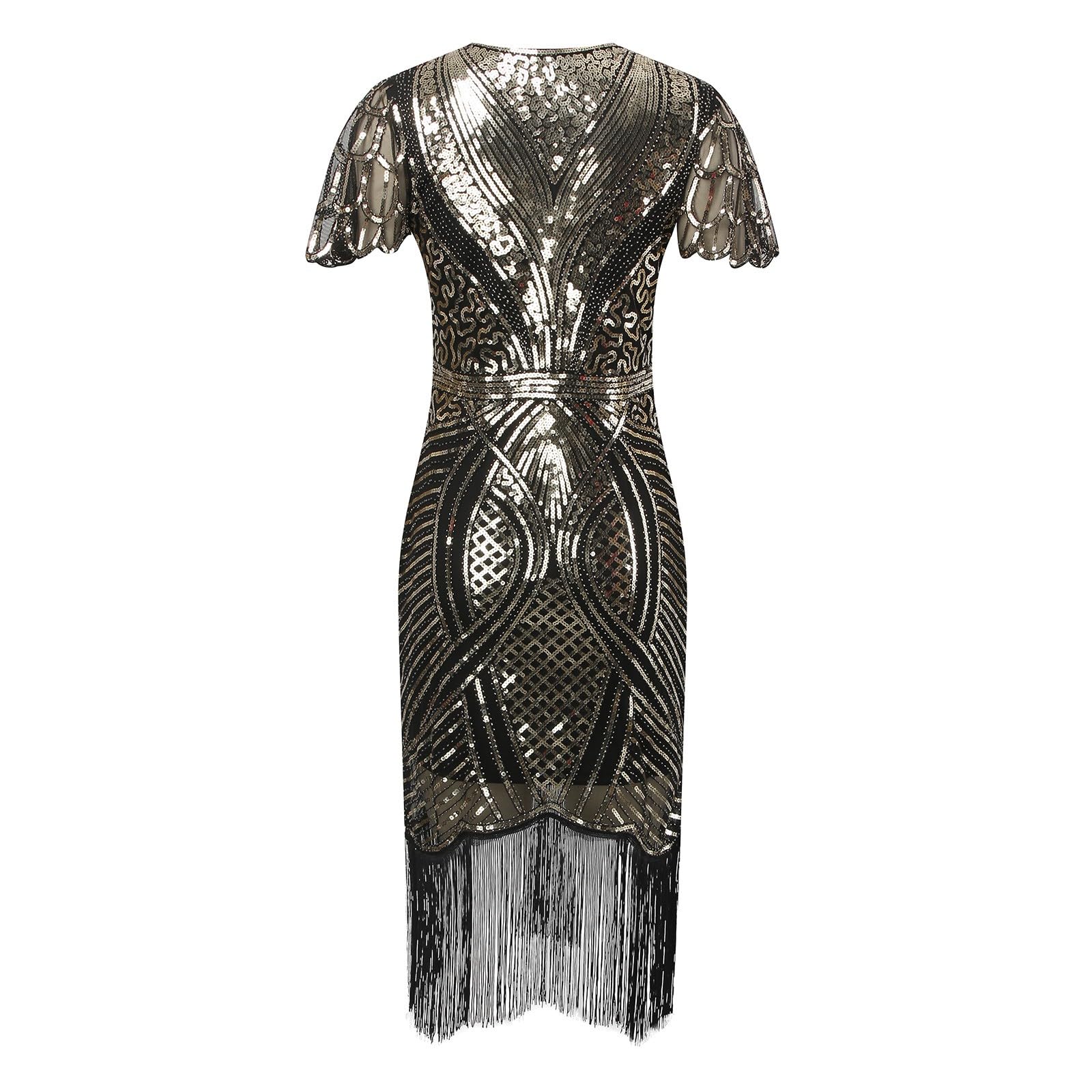 Generisch Robe rétro des années 1920 pour femme - Avec deux couches de pompons - Robe de soirée Charleston avec paillettes et col en V - Robe de soirée à thème des années 20