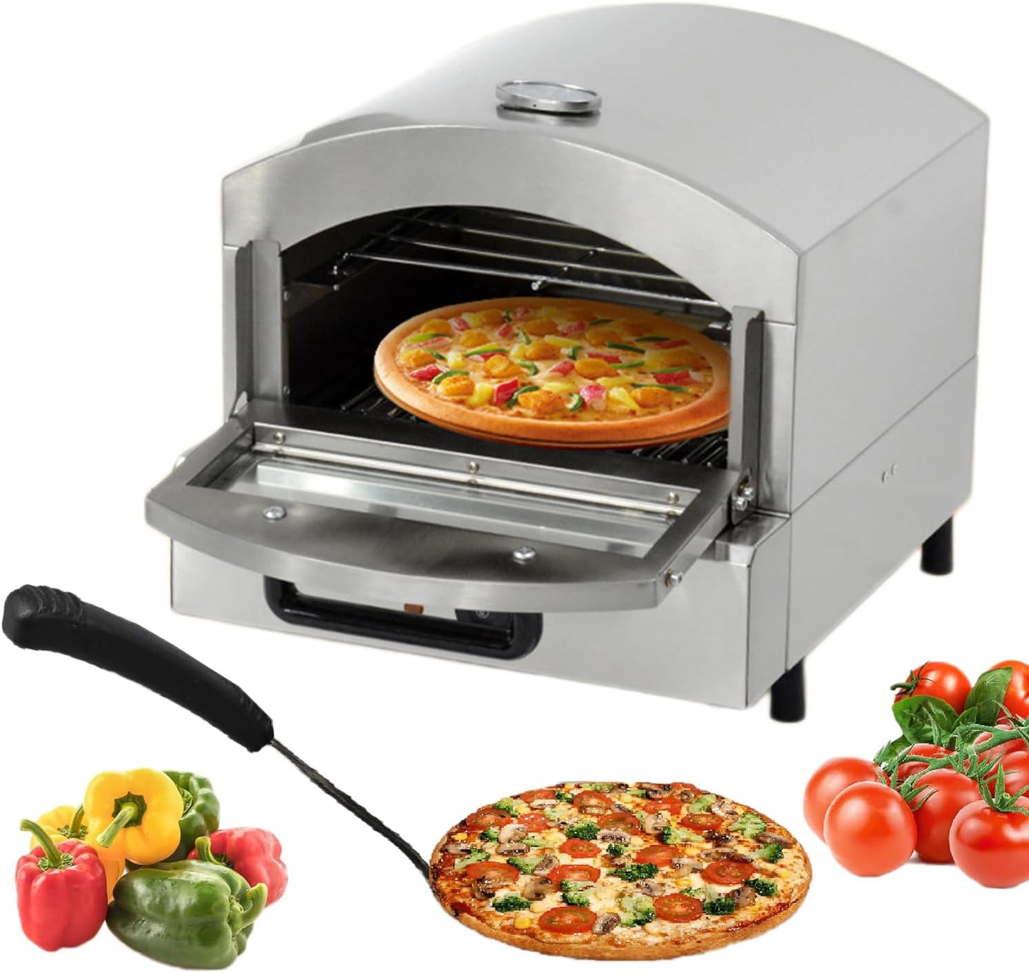 Horno de pizza comercial, horno de pizza elctrico de acero inoxidable con estante, mquina de pizza multiusos para interiores para restaurante y hogar