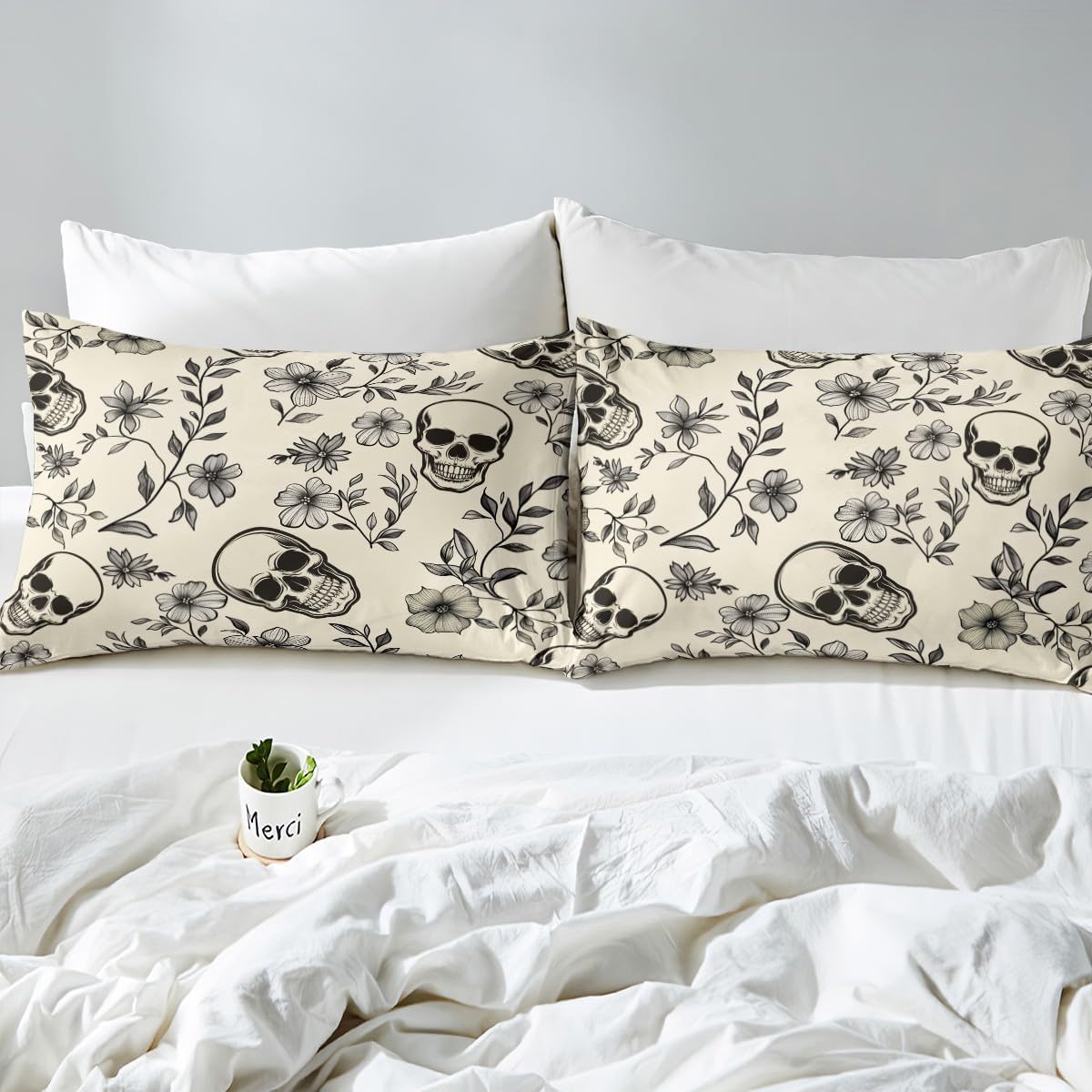 Gothic Skull Bed Sheets Set Queen Size Boho Floral Flower Deep Pocket Fitted Sheet Spooky Bedding Sets Halloween Themed Soft Bed Set 4Pcs with 2 Pillow Cases