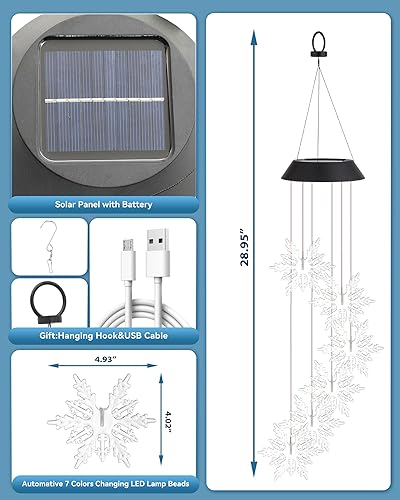 Miniatura 7 de DOUBLEZHE Campanillas de viento solares para exteriores, campanillas de viento de copo de nieve que cambian de color, regalos de cumpleaños para