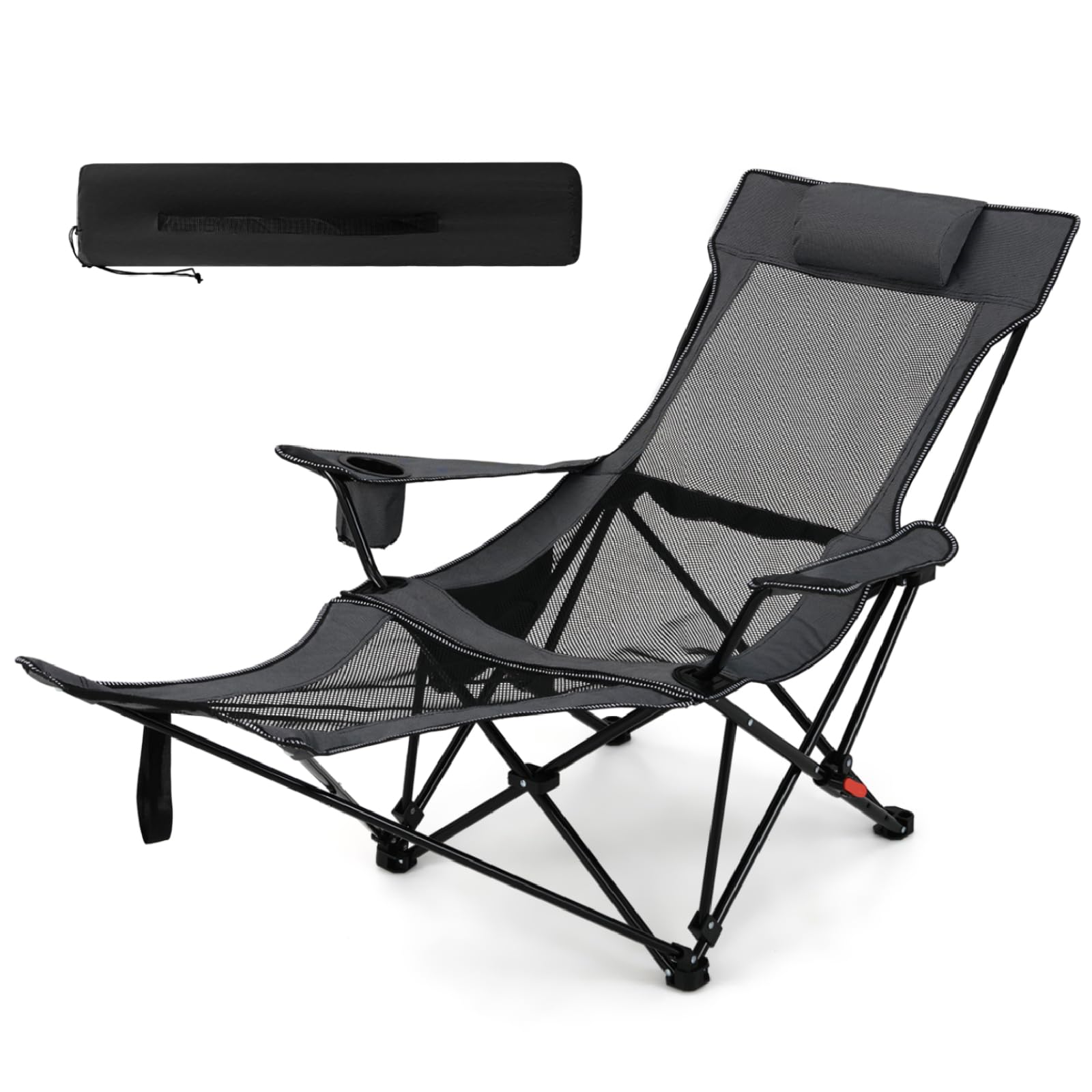 TANGZON Folding Camping Chair, Adjustable Recliner Chair with Removable Footrest, Padded Pillow, Cup Holders & Side Pocket, Portable Lounge Chair for Picnic Hiking Traveling (Grey)