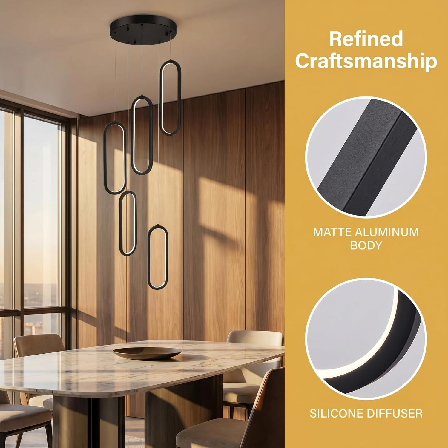 Modern LED Dimmable Chandelier with Remote & APP Control, Adjustable 5-Ring Black Pendant Lights for Kitchen Island, Dining Room, Living Room & Staircase, Stylish Hanging Ceiling Light