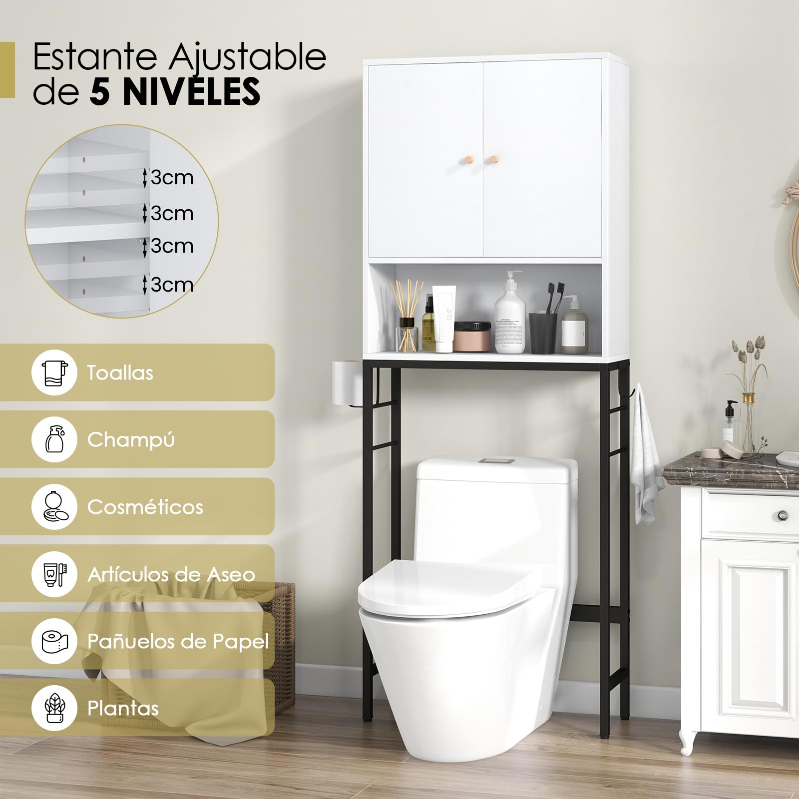 GOPLUS Armario sobre la Mesa del Inodoro, Armario de Baño con Doble Puerta, Compartimento Abierto, Estante Ajustable, Barra Inferior para Lavadero, 63x23x165,5cm (Blanco)