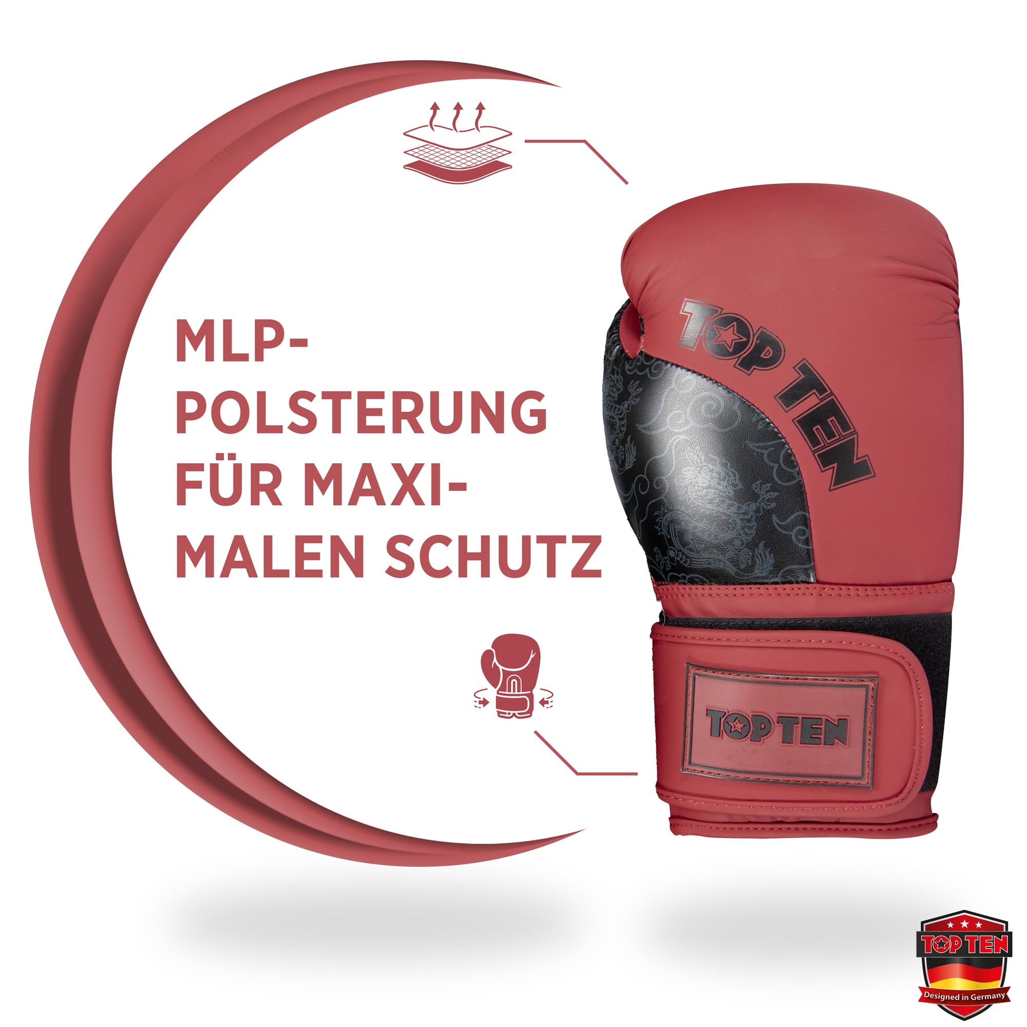 TOP TEN Boxhandschuhe Männer & Frauen Dragon – Hochwertige Box-Handschuhe für Training & Sparring, MLP-Mehrschichtpolsterung & Daumenschutz, strapazierfähiges Kunstleder, 10oz, 12oz, 14oz, 16 oz
