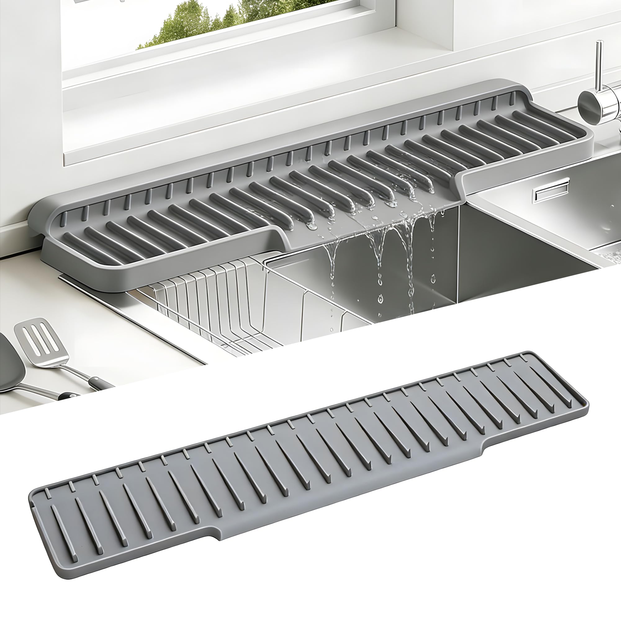 Volminex Silicone Sink Faucet Mat, Sink Splash Guard, Tap Draining Mat, Foldable Drain Rack, Smart Kitchen Gadget, Narrow and Long Sink Protector for Kitchen Countertop and Bathroom (Grey, 50 x 10cm)