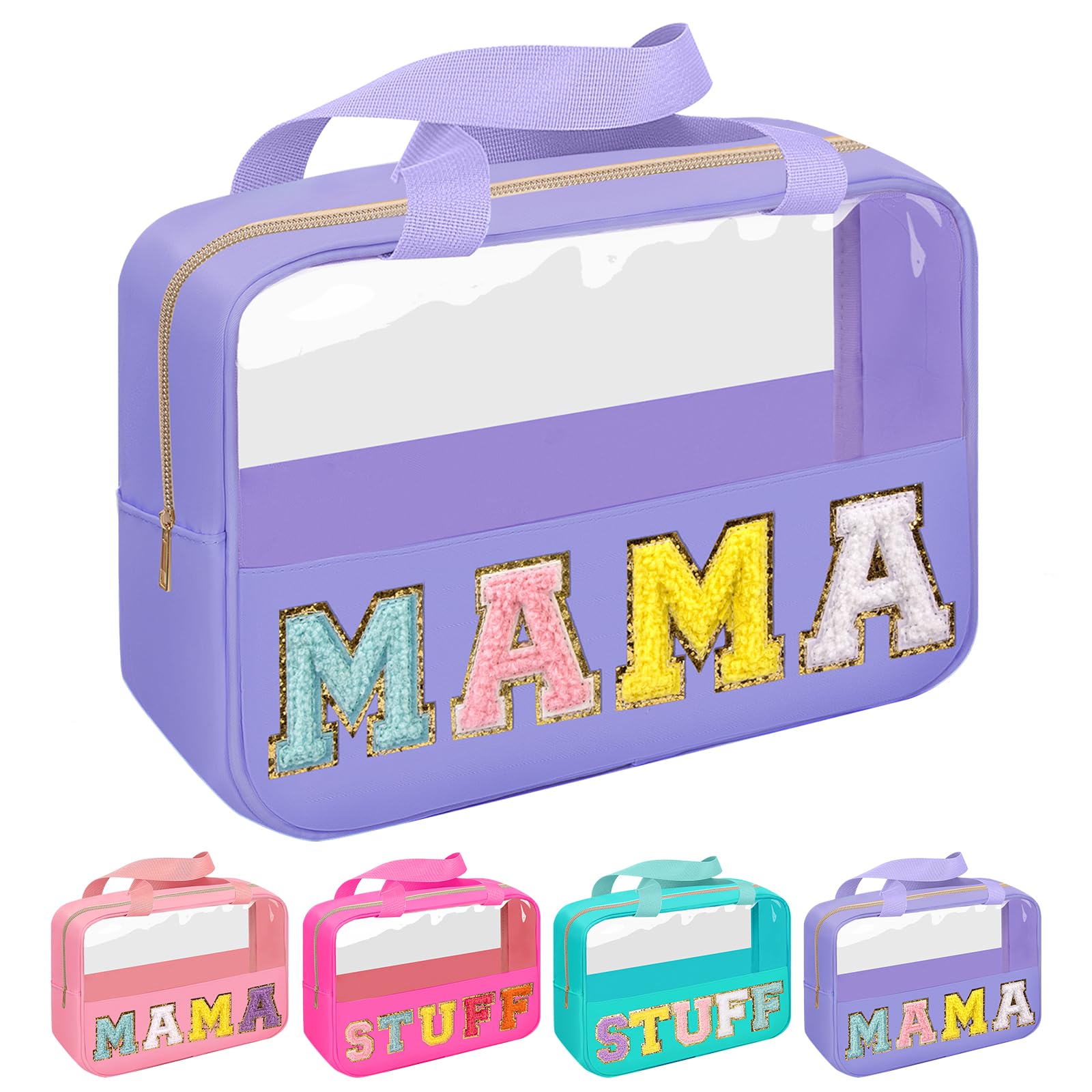 Chenille Letter Patch Mama Bag, Preppy Clear Makeup Cosmetic Bag Large Toiletry Storage Tote Bag with Handle, Transparent Nylon Waterproof Organizer