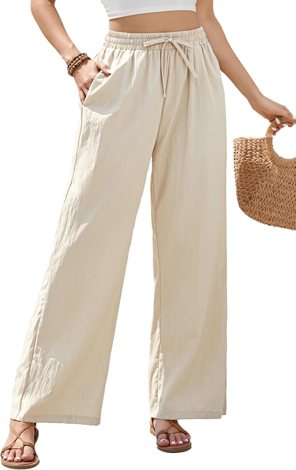 similar product purpleWomen's Wide Leg Pants Flowy Pants for Women Casual Palazzo Trousers Loose Fit High Waisted Drawstring with Pocket Medium Beige2