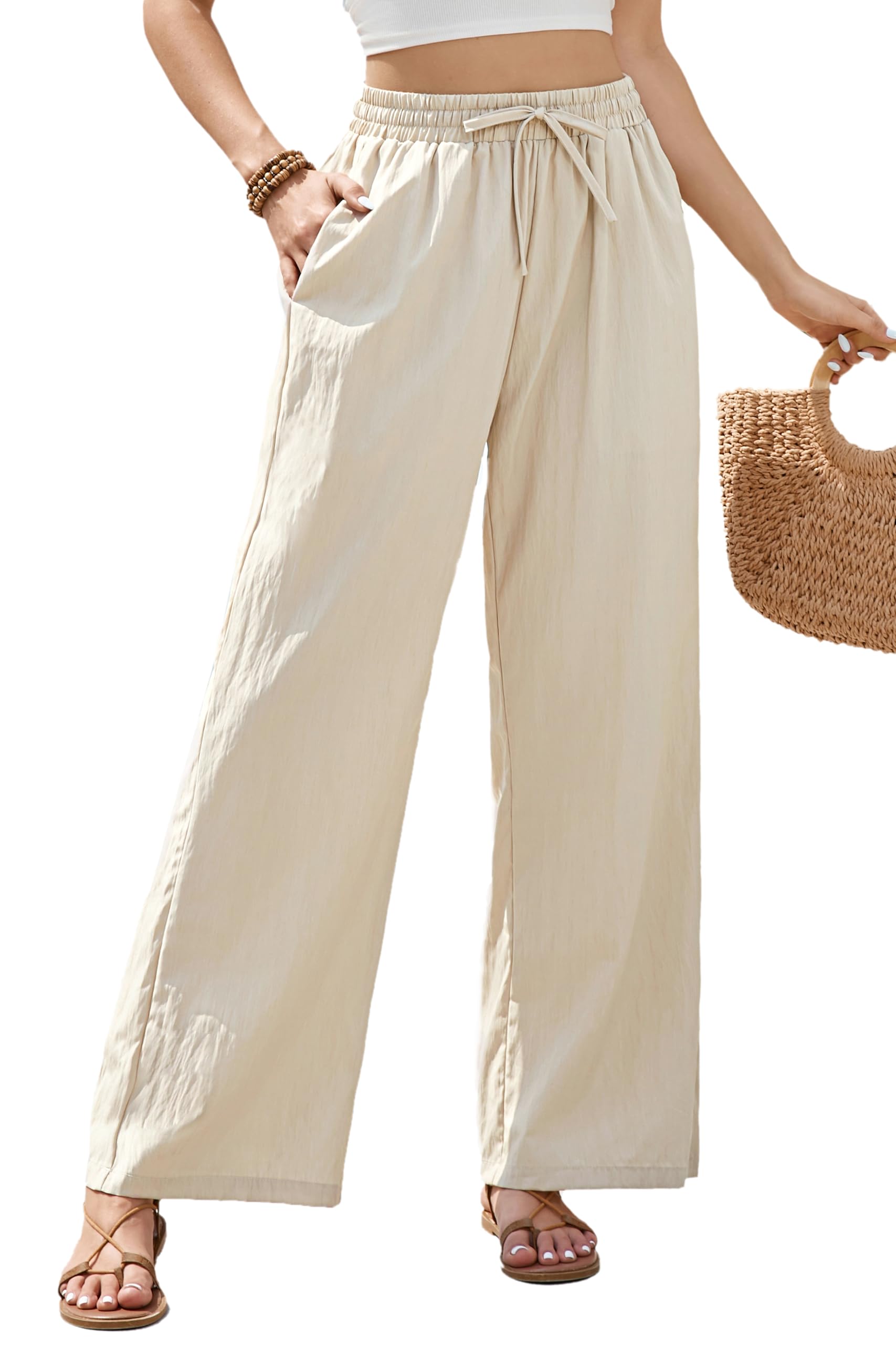 Womens Wide Leg Pants Flowy Pants for Women Casual Palazzo Trousers Loose Fit High Waisted Drawstring with Pocket