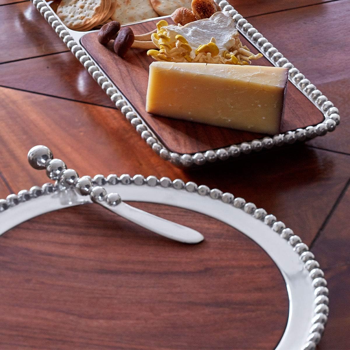 MARIPOSA Pearled Cheese and Cracker Server with Dark Wood Insert, Silver