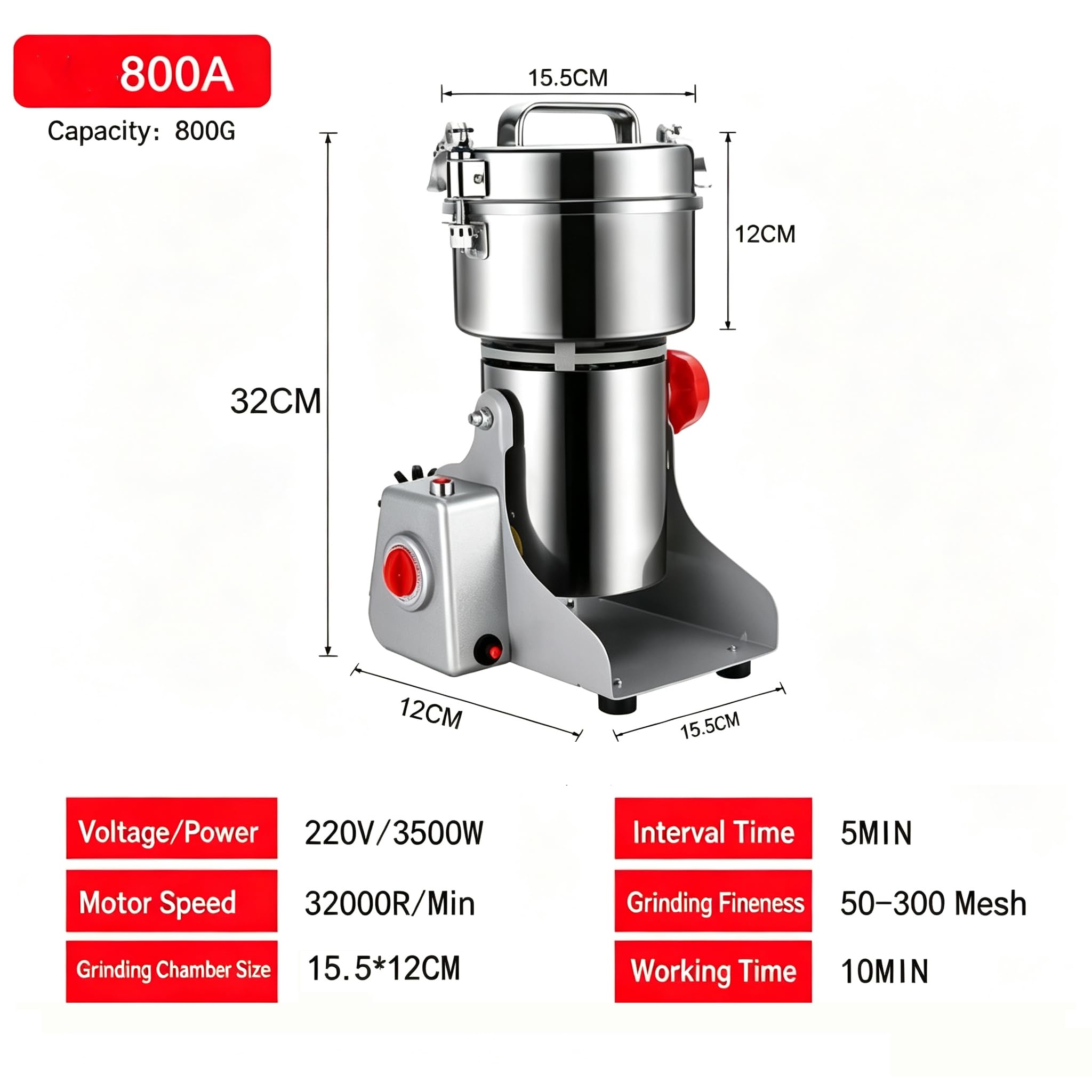 Elektryczny Młynek Do Zboża 3500w, 800g Młynek Do Przypraw | z 6 ostrzami, 32000 obr./min i oscylacją 270°, 50–300 mesh, timer 5 min i zabezpieczenie przed przeciążeniem(silver)