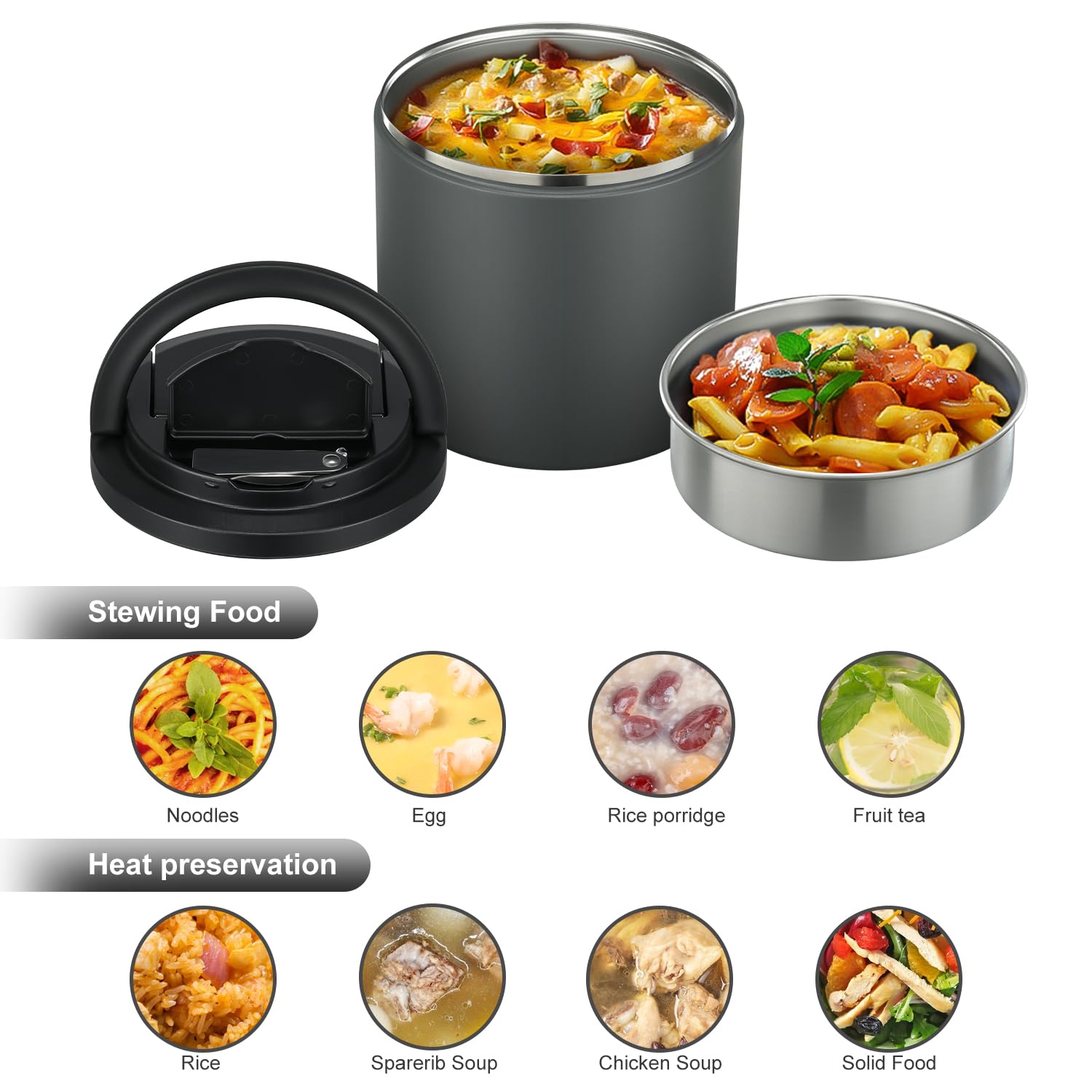 Tarro de comida aislado de 40 onzas, adiós a derrames y comidas frías, termo hermético con tapa a prueba de fugas para alimentos calientes, termo de boca ancha, termo de sopa para adultos, contenedor 2