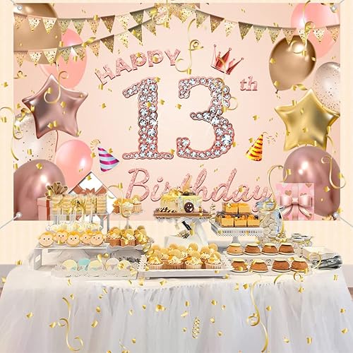 Miniatura 3 de Cartel de tela para decoración de cumpleaños número 13 para niñas de 13 años, cartel de tela para fiesta de cumpleaños de niña, fondo de foto rosa