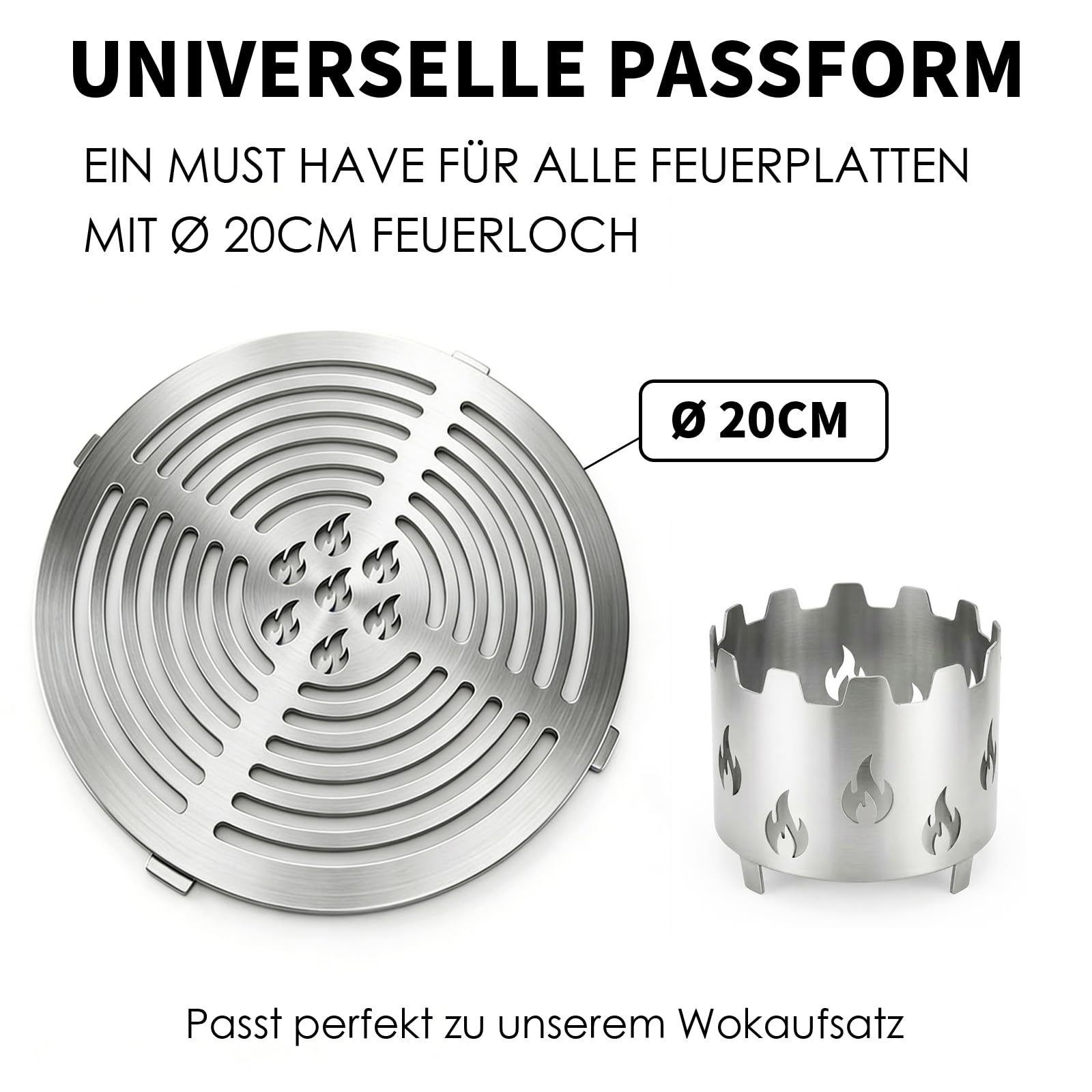 Fox·Bunny Wokaufsatz für Feuerplatten, Edelstahl, Grillplatte Plancha, kreisrunde Öffnung Ø 20 cm (Grilleinsatz Ø20cm Edelstahl)