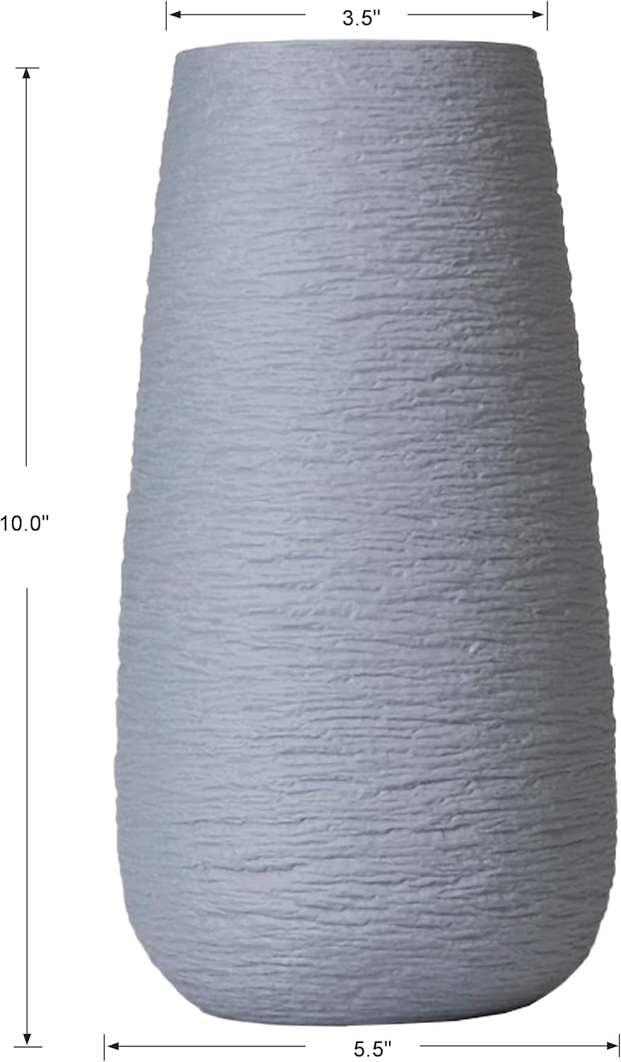 Ceramic Vase, 10 inch Ceramic Vase, Large Rounded Vase, Textured Ceramic Vase, Modern Geometric Pattern Floral Vases, Tall Porcelain Floral Arrangement for Home Décor, Cylinder Bouquet Holder (Gray)