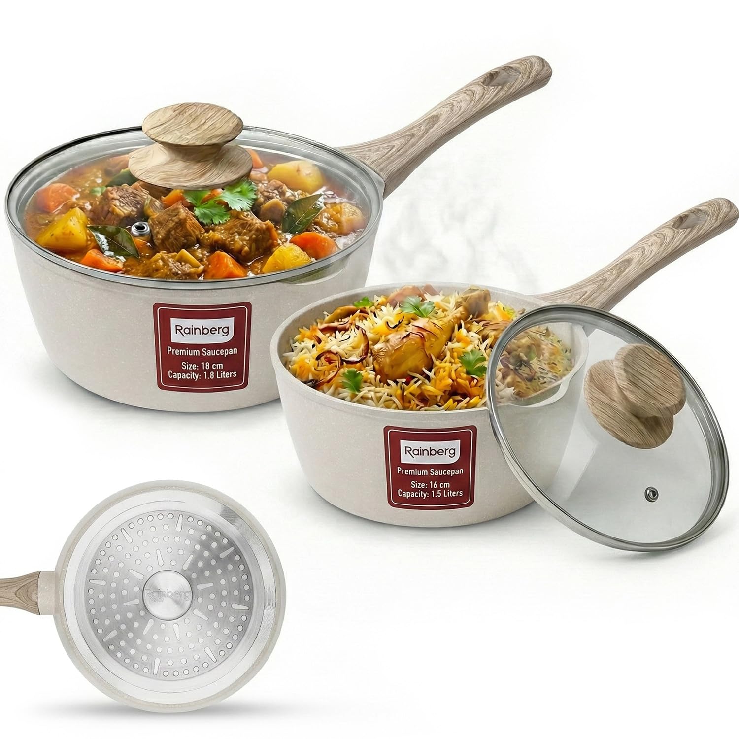 Rainberg Saucepan with Lid, Nonstick Milk Pan Suitable with Induction, Gas and Electric Hobs, Cooking Pot with Pour Spout. (Beige, 2PK 16 & 18cm)