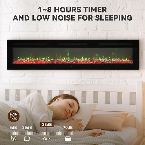 Miniatura 3 de Chimenea eléctrica de 72 pulgadas montada en la pared y empotrada, chimenea LED con control remoto temporizador de 8 horas, 12 llamas, pantalla