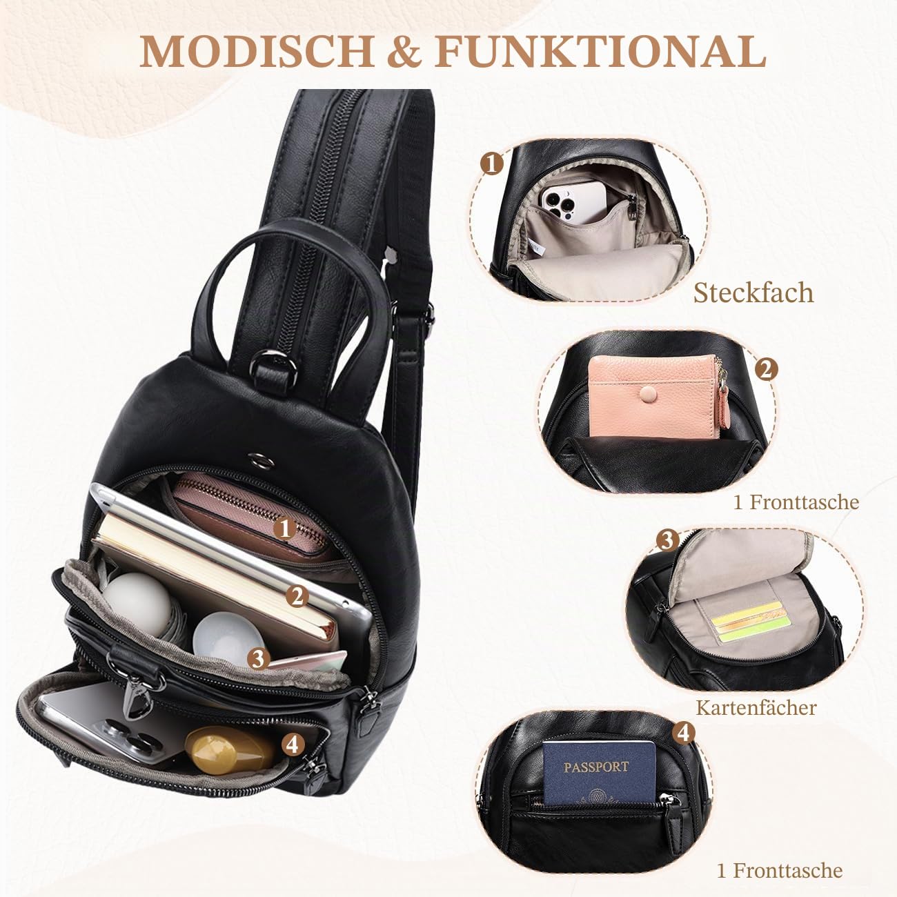 RAVUO Sling Bag Damen, PU Leder Brusttasche Rucksack Klein Frauen Brust Rucksack Kleine Umhängetasche Crossbody Bag für Outdoorsport, Reisen,Schwarz
