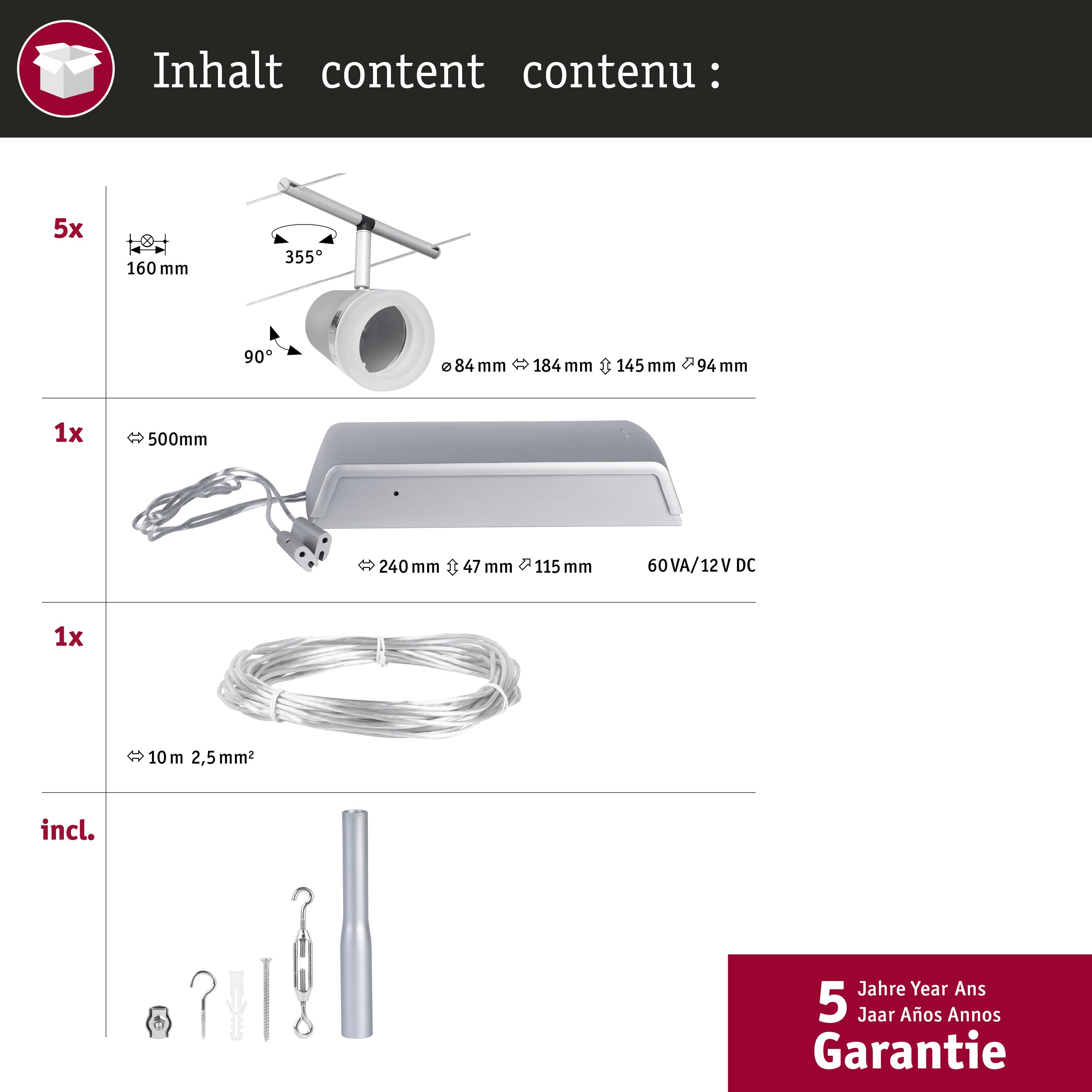Paulmann 94459 CorDuo Set de base Système de Câbles Cone DC 5 x 10 watts max, Éclairage Extensible Chrome Mat Câble Matière Plastique GU5,3 Système de Câbles sans Ampoules