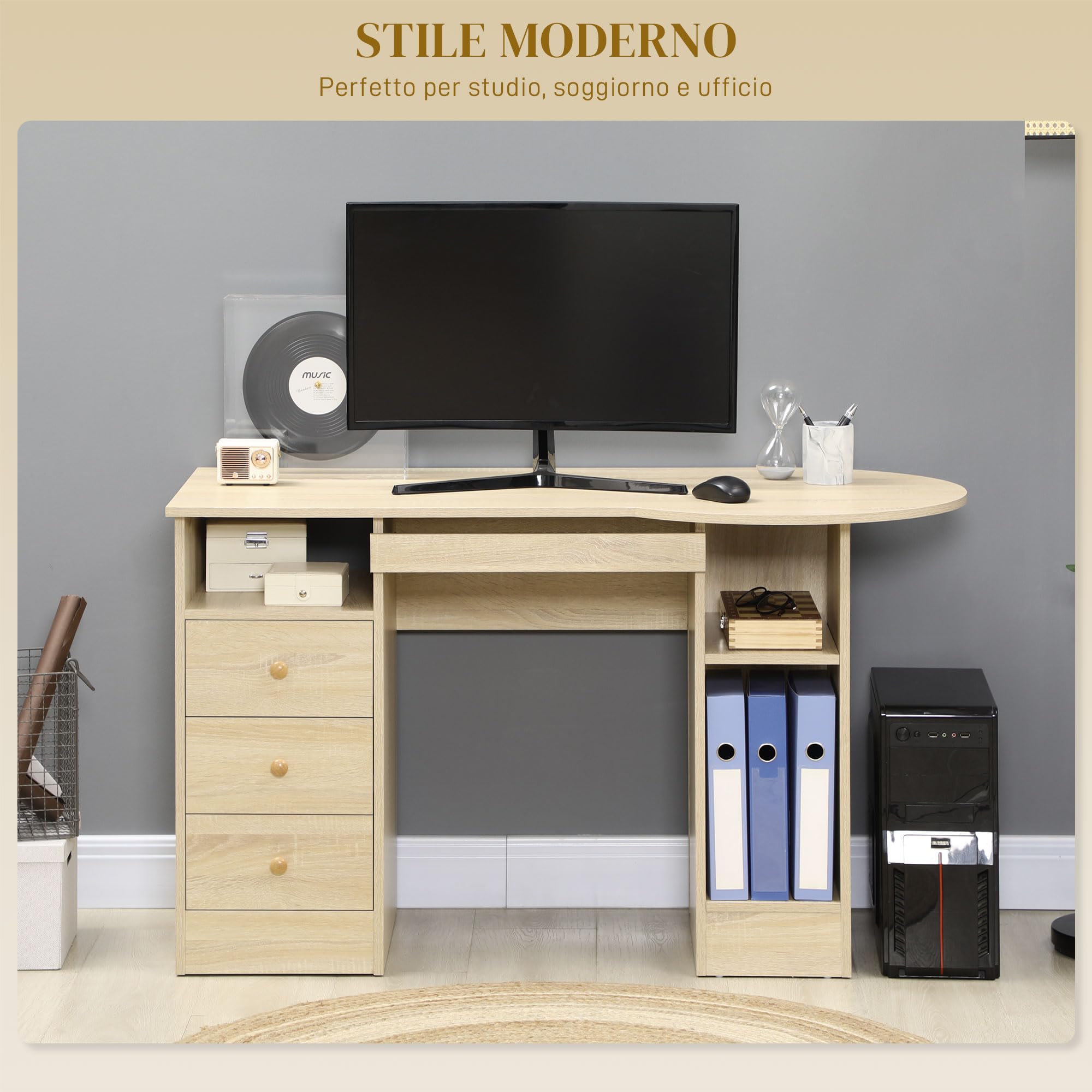 HOMCOM Scrivania PC per Ufficio con Scaffali 125x60x74cm Color Legno | Scrivania per Computer, Ripiano Testiera, 3 Cassetti in Legno