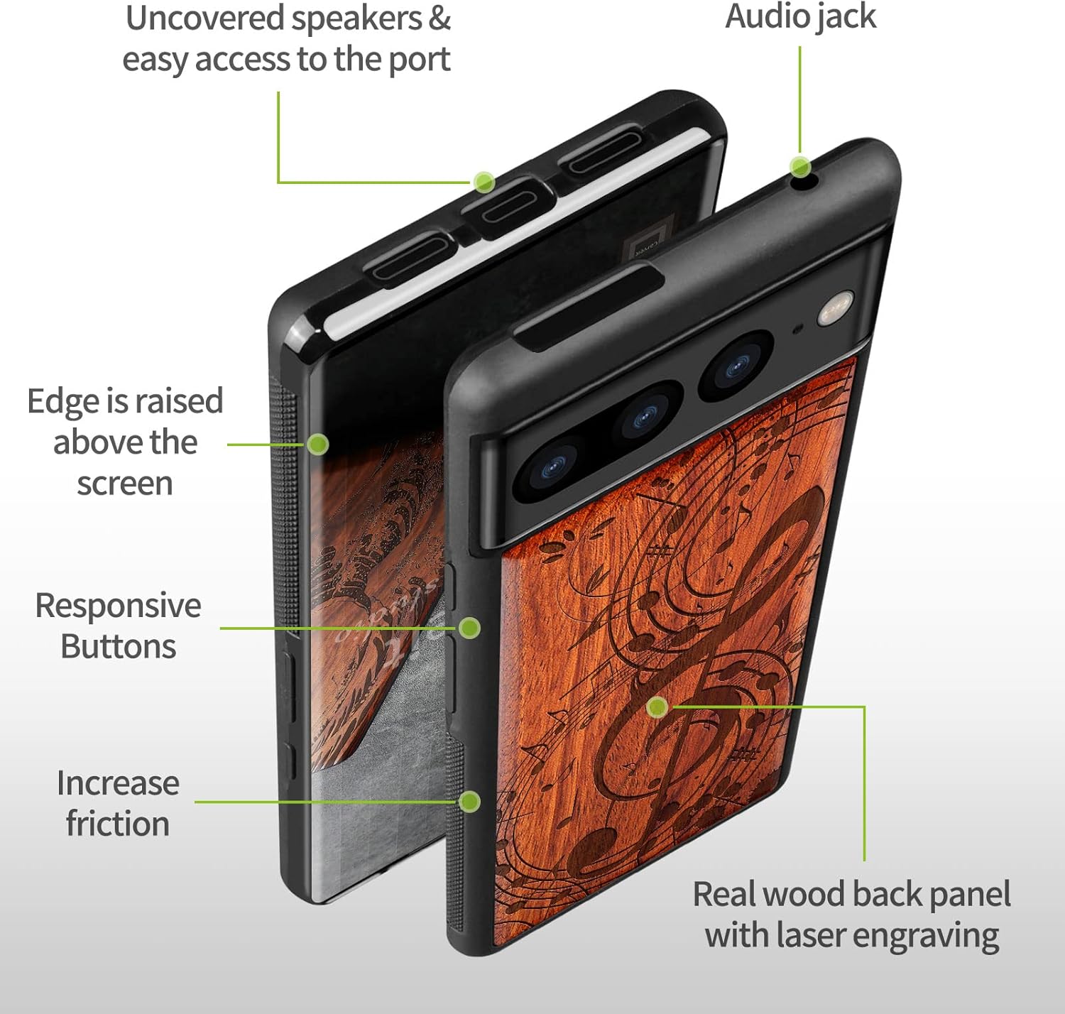 Carveit Wood Case for Pixel 7 Pro Case [Natural Wood & Black Soft TPU] Shockproof Protective Unique & Classy Wooden Cover Compatible with Google Pixel 7 Pro (Musical Note-Rosy)
