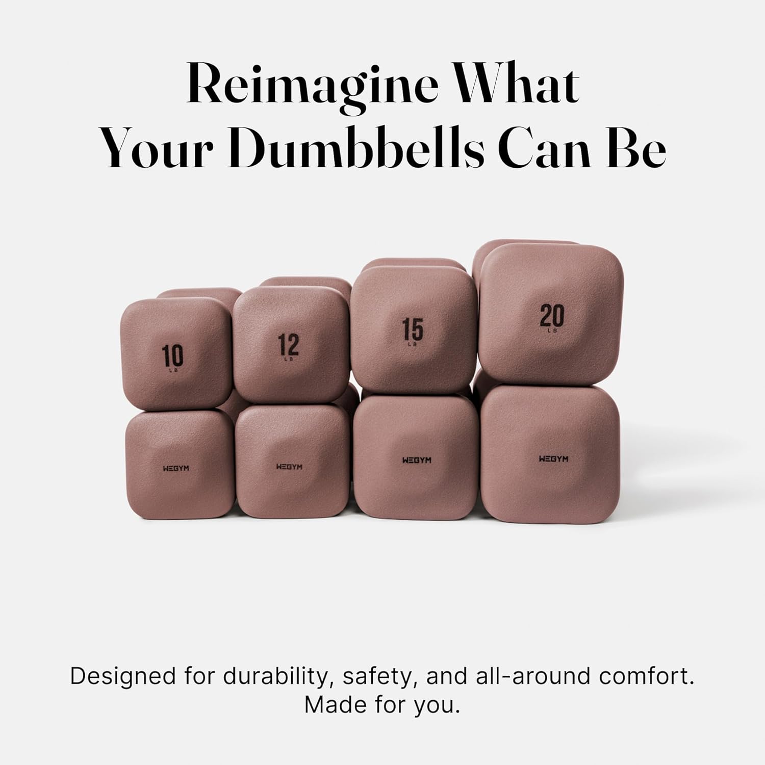 Essential Set 10+12+15+20LB Pair with Sandstone Rack - Rose Set,WeGym SafeGrip Square Dumbbells with Anti-Slip Handles, Safe Weight Lifting Equipment for Home Gym, Aesthetic Dumbbell Sets