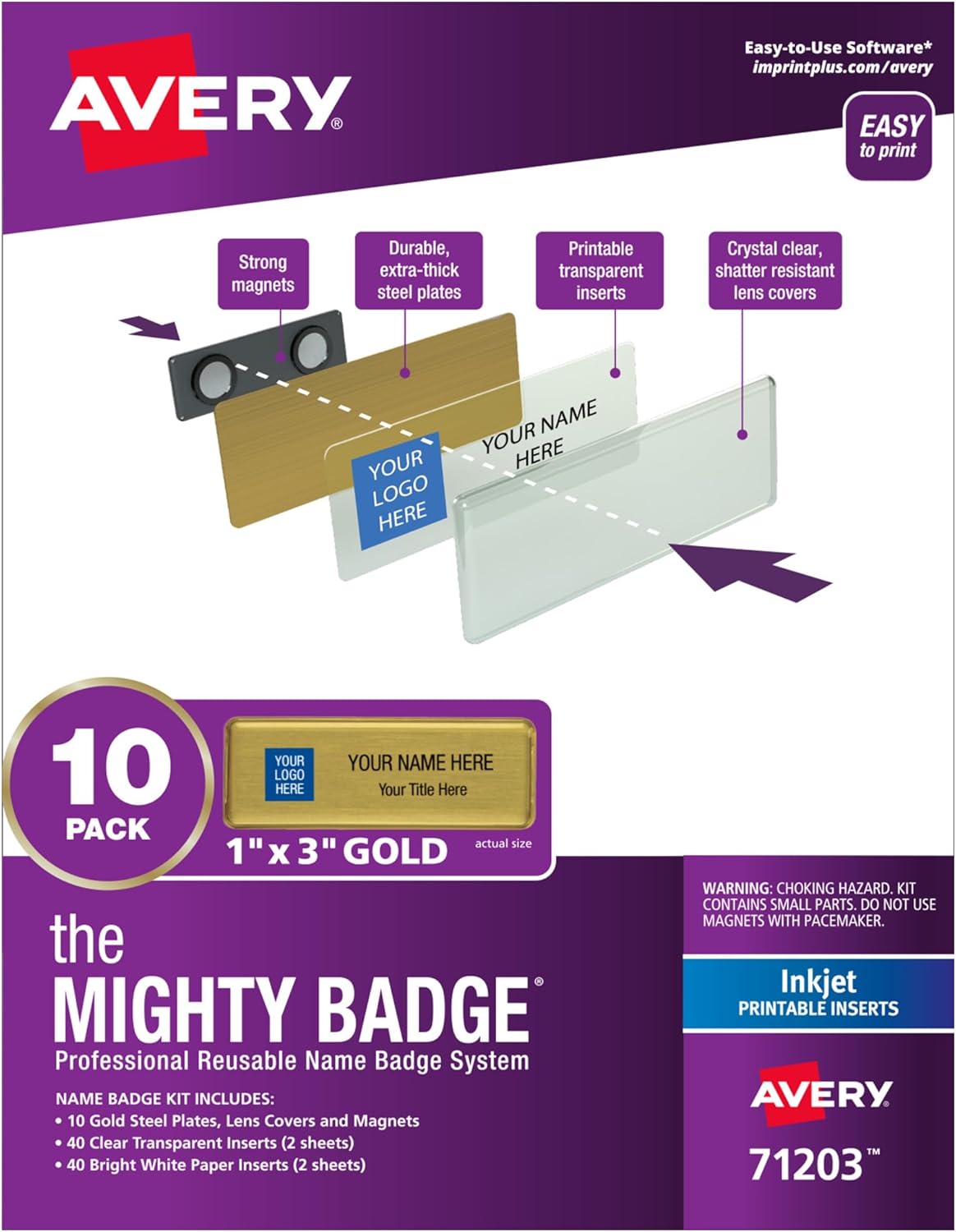 Avery Reusable Magnetic Professional Name Badge System, 1" x 3" Gold Name Tags, 10 Identification Badges, 80 Inkjet Printable Inserts, Design Software Included (71203)