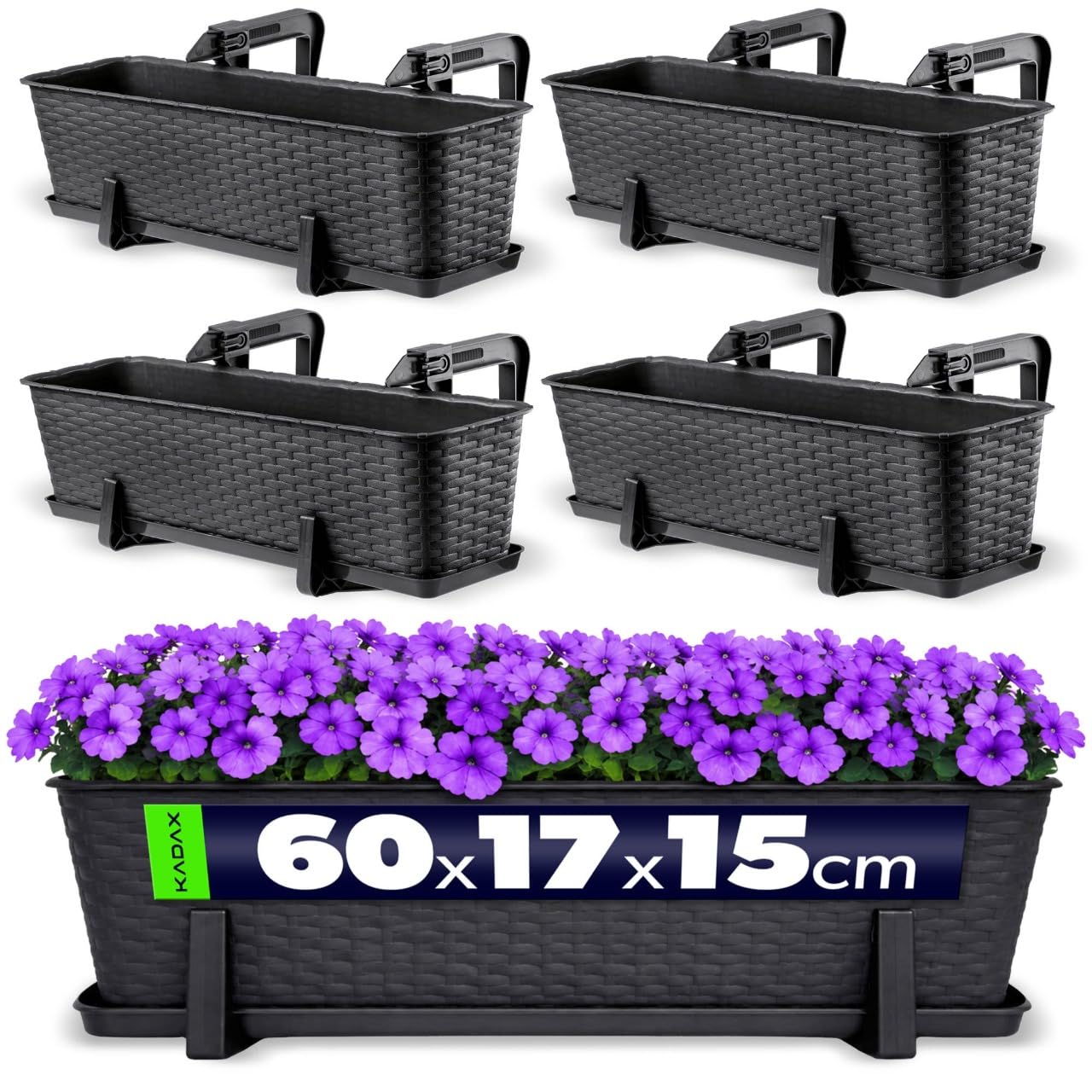 KADAX Macetas de Plástico Imitación Ratán, Maceteros Rectangulares con Platillos y Soportes para Exterior, Jardineras Colgantes (4: Antracita, 60 cm, Aprox. 48L)