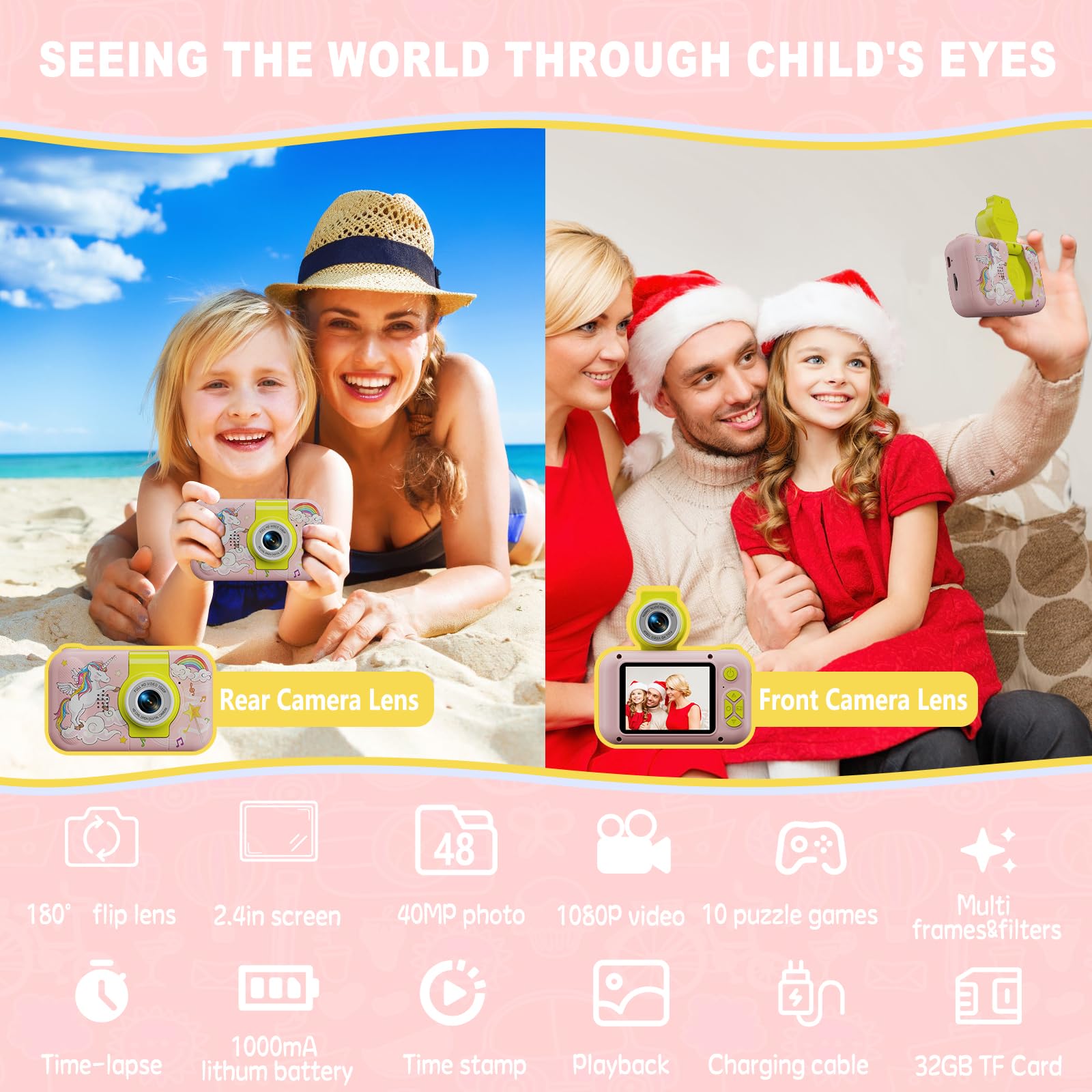 ARNSSIEN Giocattoli fotocamera bambini 3 4 5 6 7 8 9 10 11 12 anni ragazze/ragazzi, Macchina Fotografica Digitale, Regali bambini Natale e compleanni,Fotocamera selfie per bambini con scheda da 32 GB