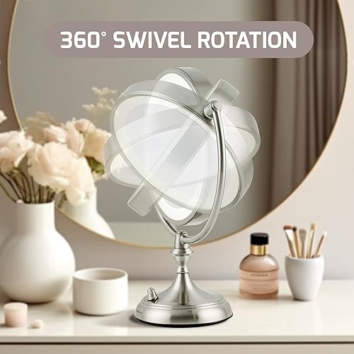 Miniatura 3 de OVENTE Espejo de maquillaje de mesa iluminado de 9 pulgadas con aumento 1X5X, espejo de tocador de aumento de doble cara con luces LED regulables,