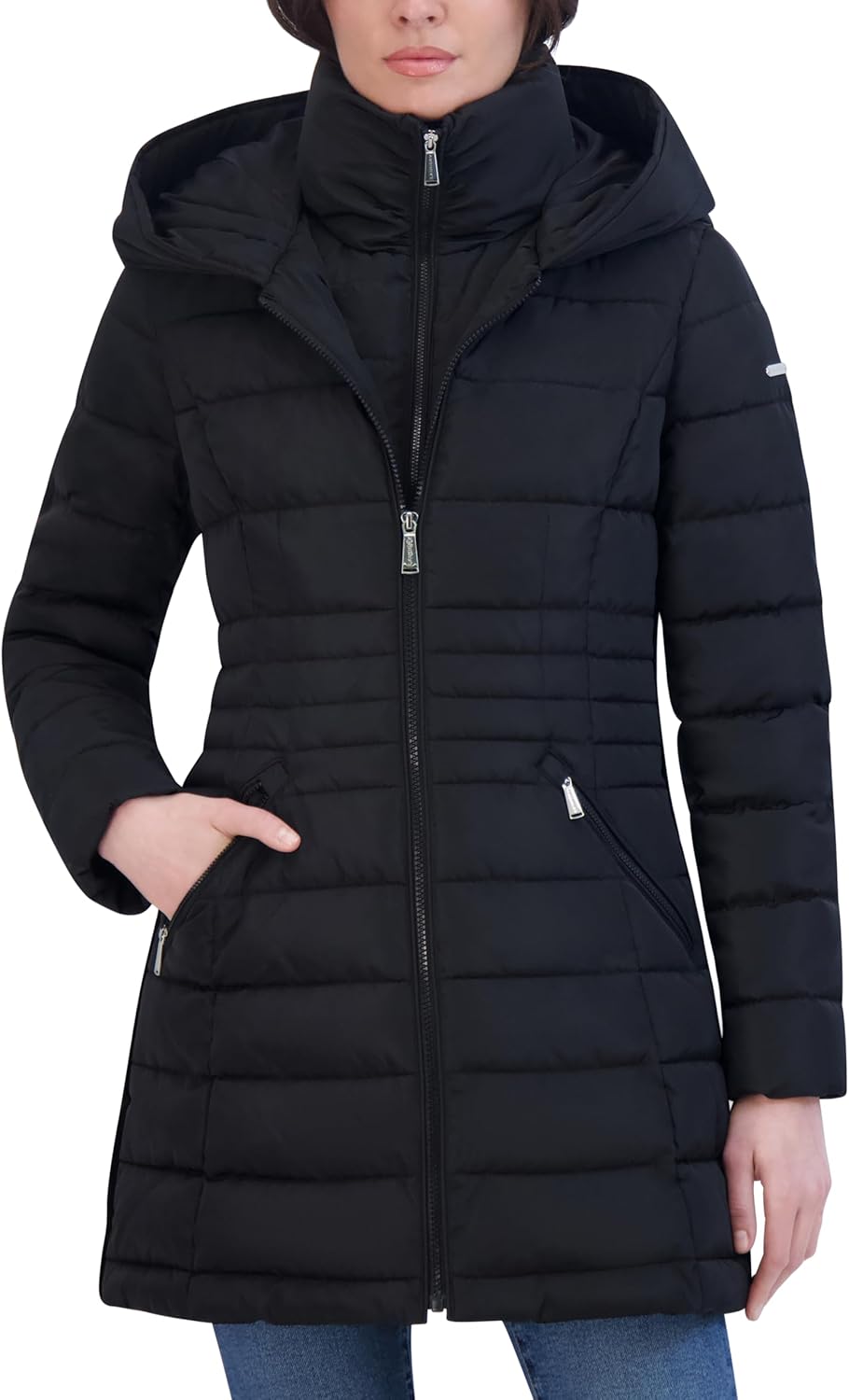 Laundry by Shelli Segal Women's Windbreaker Puffer Coat– Mid-length Fit & Flare Jacket, Side Velvet Tape