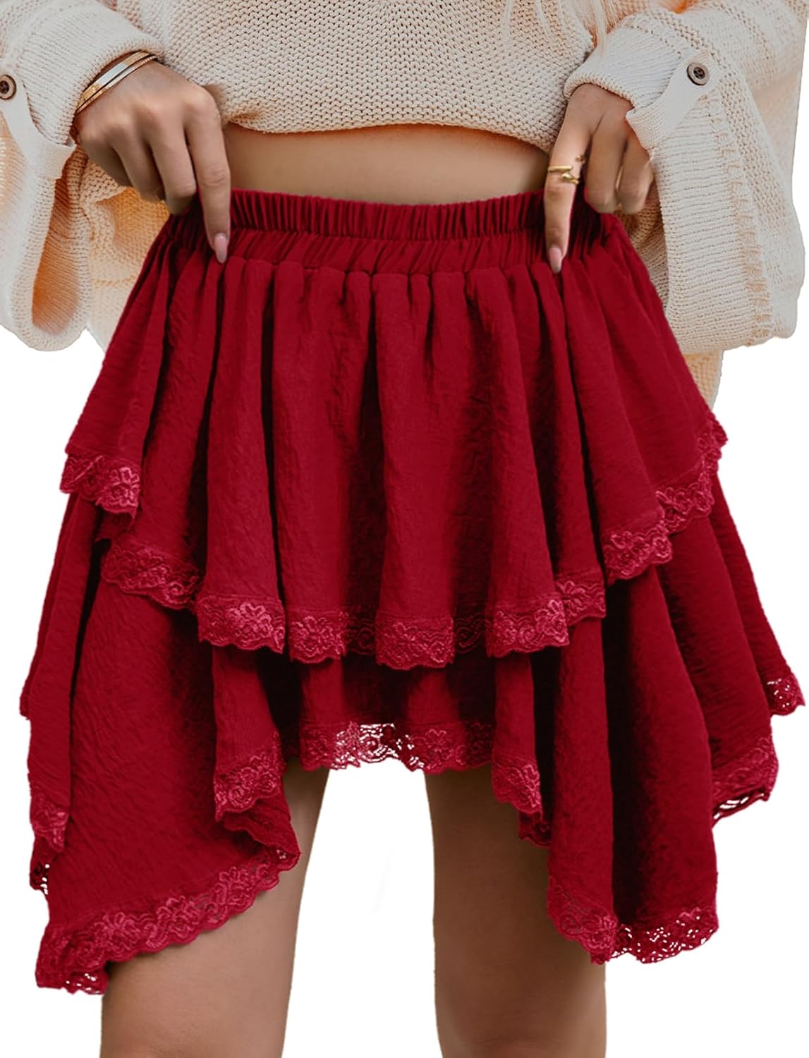 Flowy Skirts for Women Summer Ruffled Pleated Mini Skirts High Low Lace Hem Tiered Skater Skirt Casual Cute Y2k Skorts