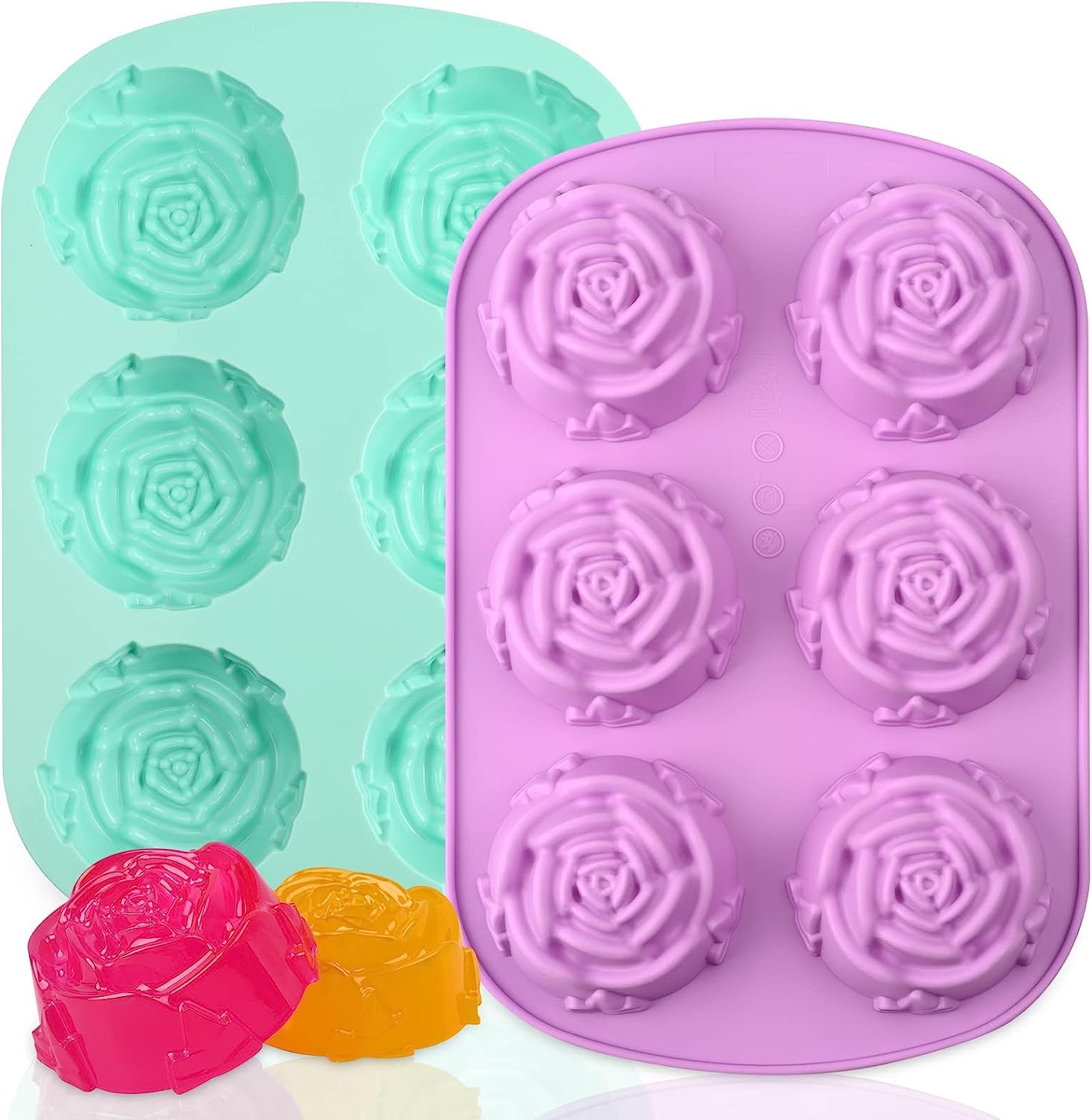 Azonee Silicone Rose Mold, 2 Pcs Large Rose Flower Soap Mold, Flower Shape Fondant Ice Cube Trays, Food Grade Silicone and BPA Free, Perfect for Soap, Mousse, Jelly, Chocolate, Dishwasher Safe