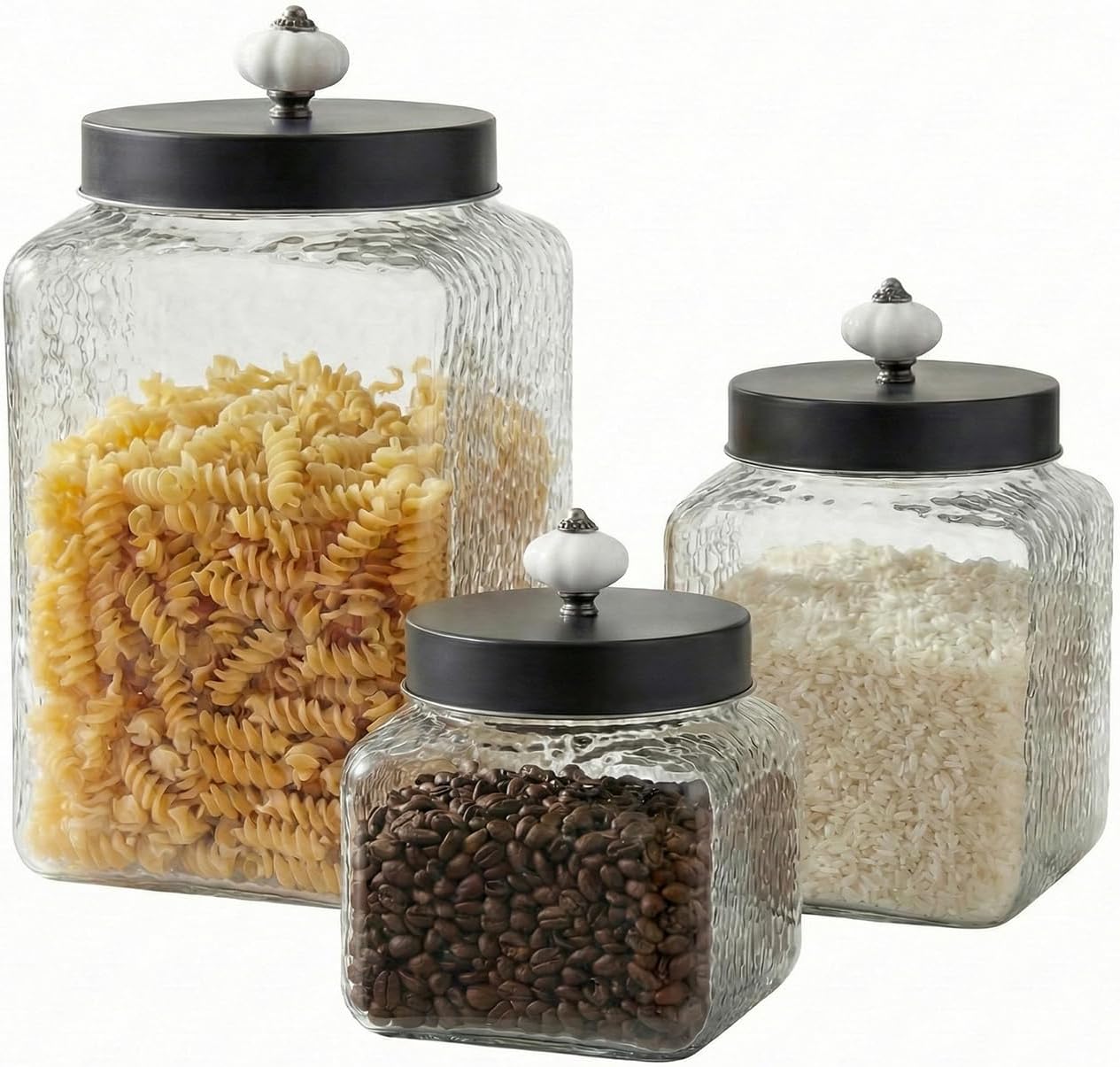 Style Setter Square Canister Set 3-Piece Glass Jars in 43, 64 and 75 ounces Chic Retro Design with Airtight Stainless Steel Lids for Cookies, Candy, Hammered