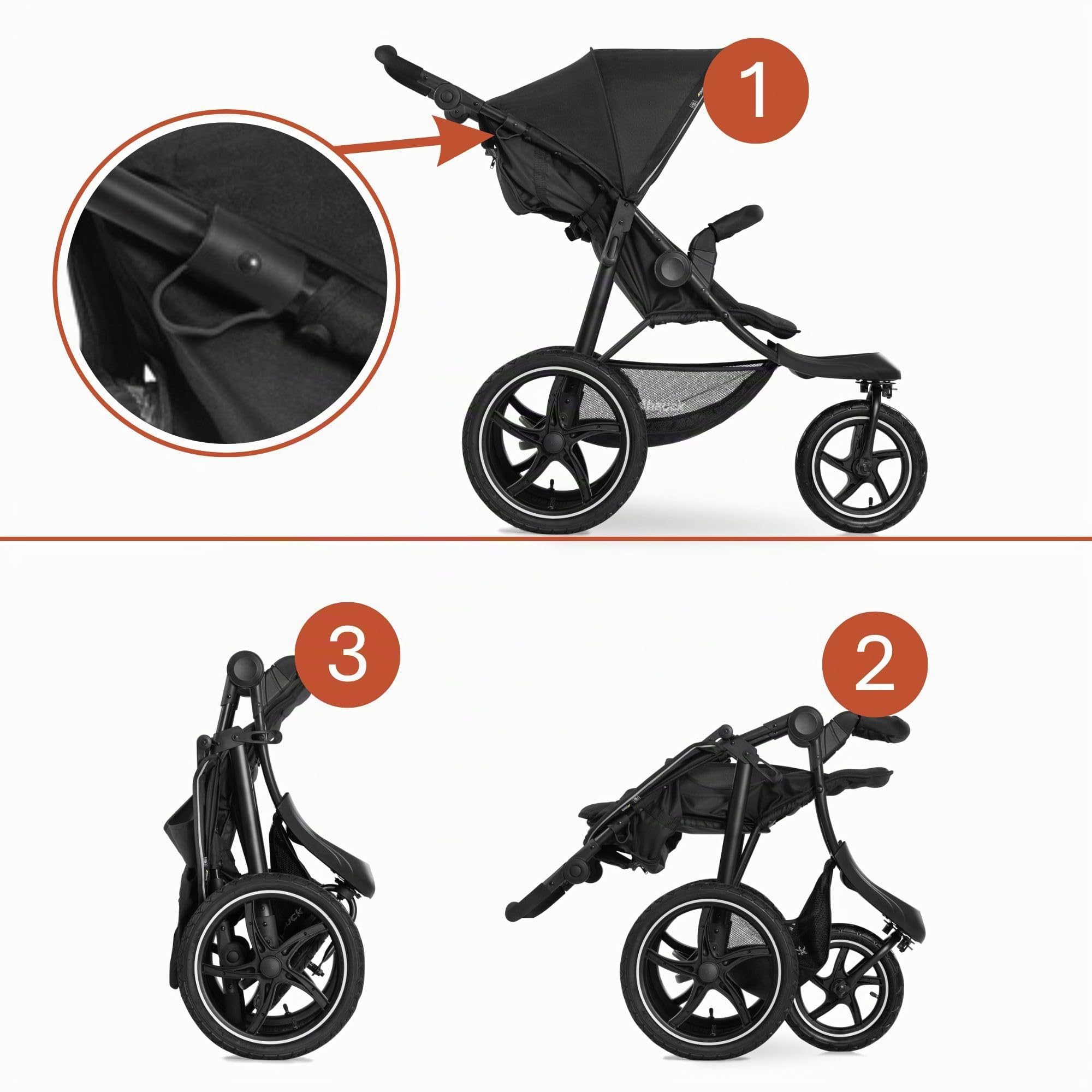 hauck Poussette 3 Roues Runner 2 Tout Terrain avec Grandes Roues Gonflables, Suspension, UV 50+, Position Allongée, Fenêtre XL, Guidon Réglable, Pliable, Jusqu’à 22 kg, Noir